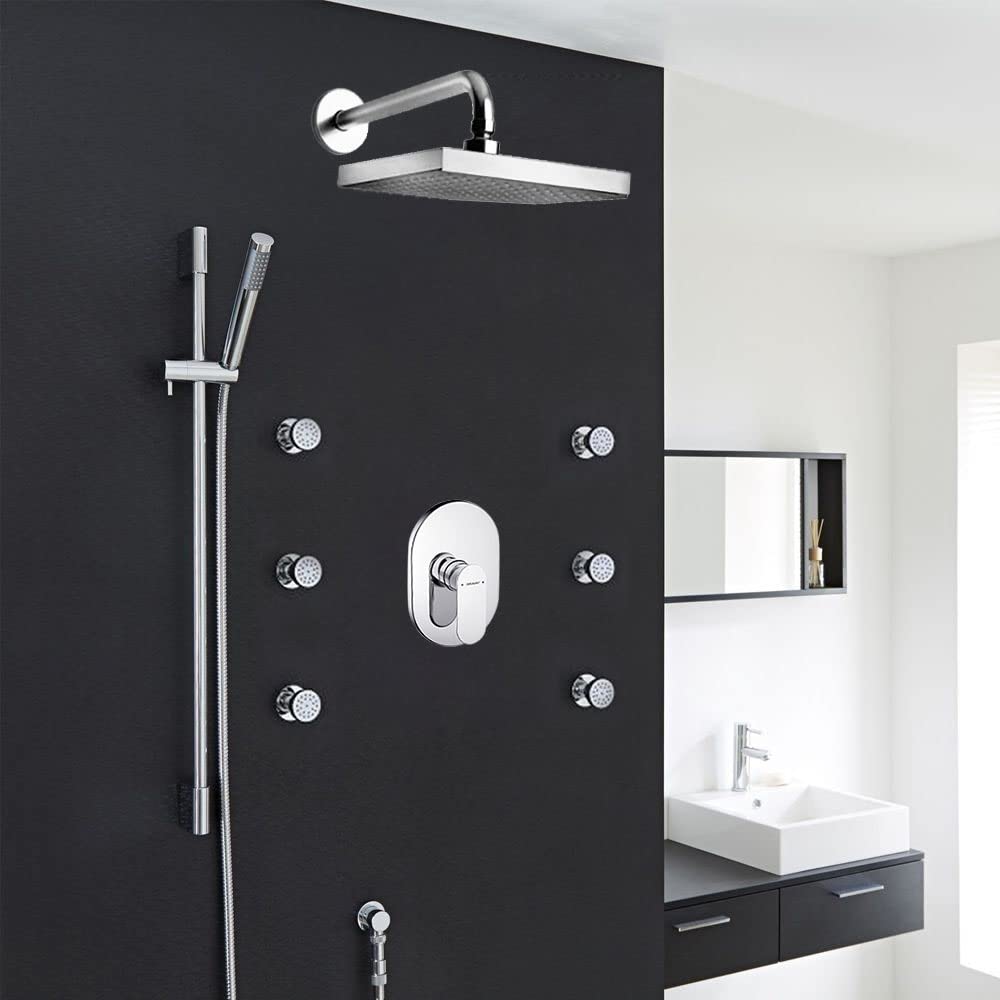 Premium Chrome Square Shower System - Wall Mounted 3-Way Concealed Mixer Valve with 6 Body Jets & Brass Shower Head - Modern Bathroom Upgrade for Spa-Like Experience (Ideal for Master Bath, Luxury Home Renovation & Hotel Style Bathrooms)