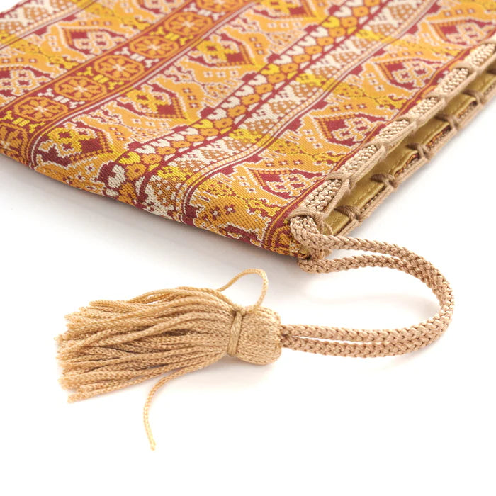 Nishijin Ori Small Drawstring Pouch - Rooster & Dark Red Design | Handmade in Kyoto Japan | Traditional Japanese Craft Purse for Coins, Jewelry & Gift Giving