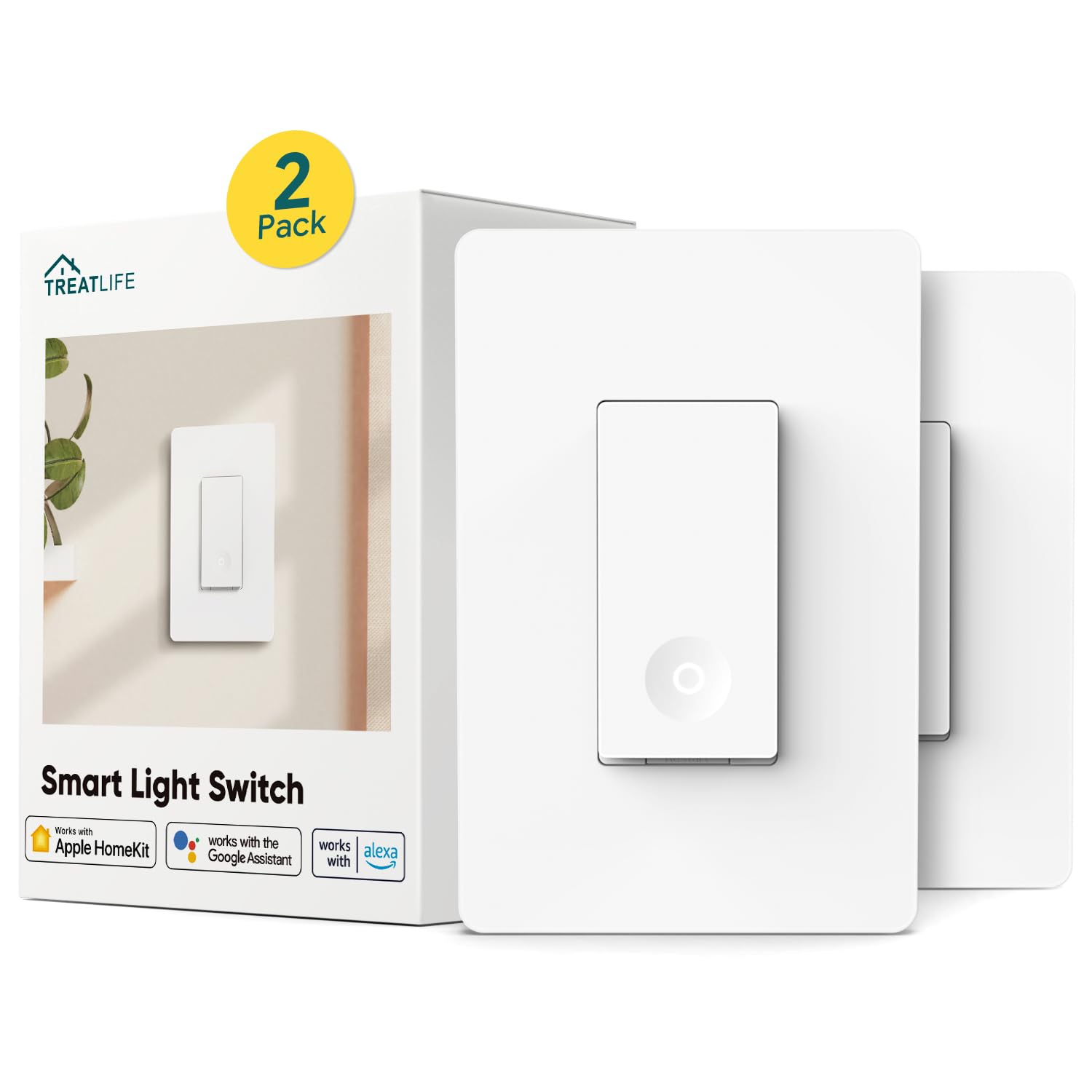 TREATLIFE Apple HomeKit Smart Light Switch 2 Pack - Single Pole, Neutral Wire Required, 2.4GHz WiFi Smart Switch Compatible with Siri, Alexa, Google Home & SmartThings (No Hub Needed) - Perfect for Home Automation & Smart Lighting Control