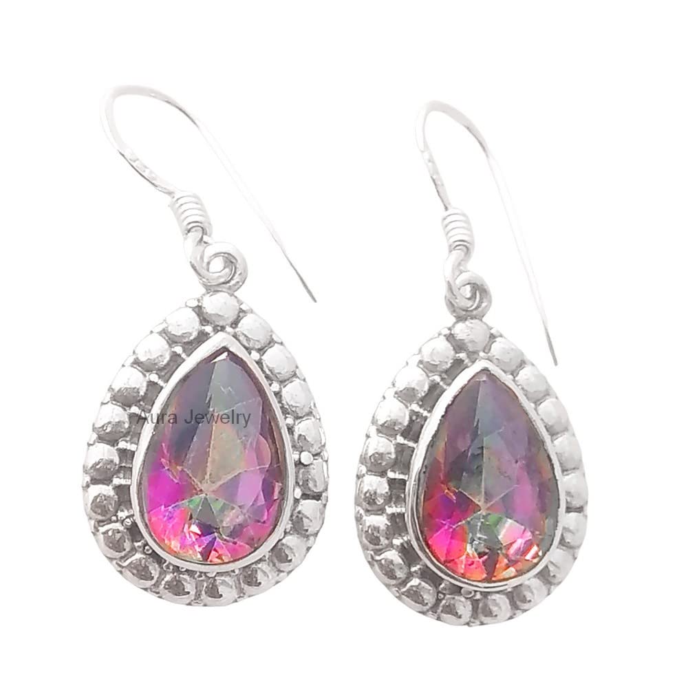 925 Sterling Silver Dangle Earrings for Women - Genuine Mystic Topaz Gemstone Bezel Set Hypoallergenic Jewelry | Elegant Statement Earrings for Christmas Gifts, Parties, Weddings & Special Occasions