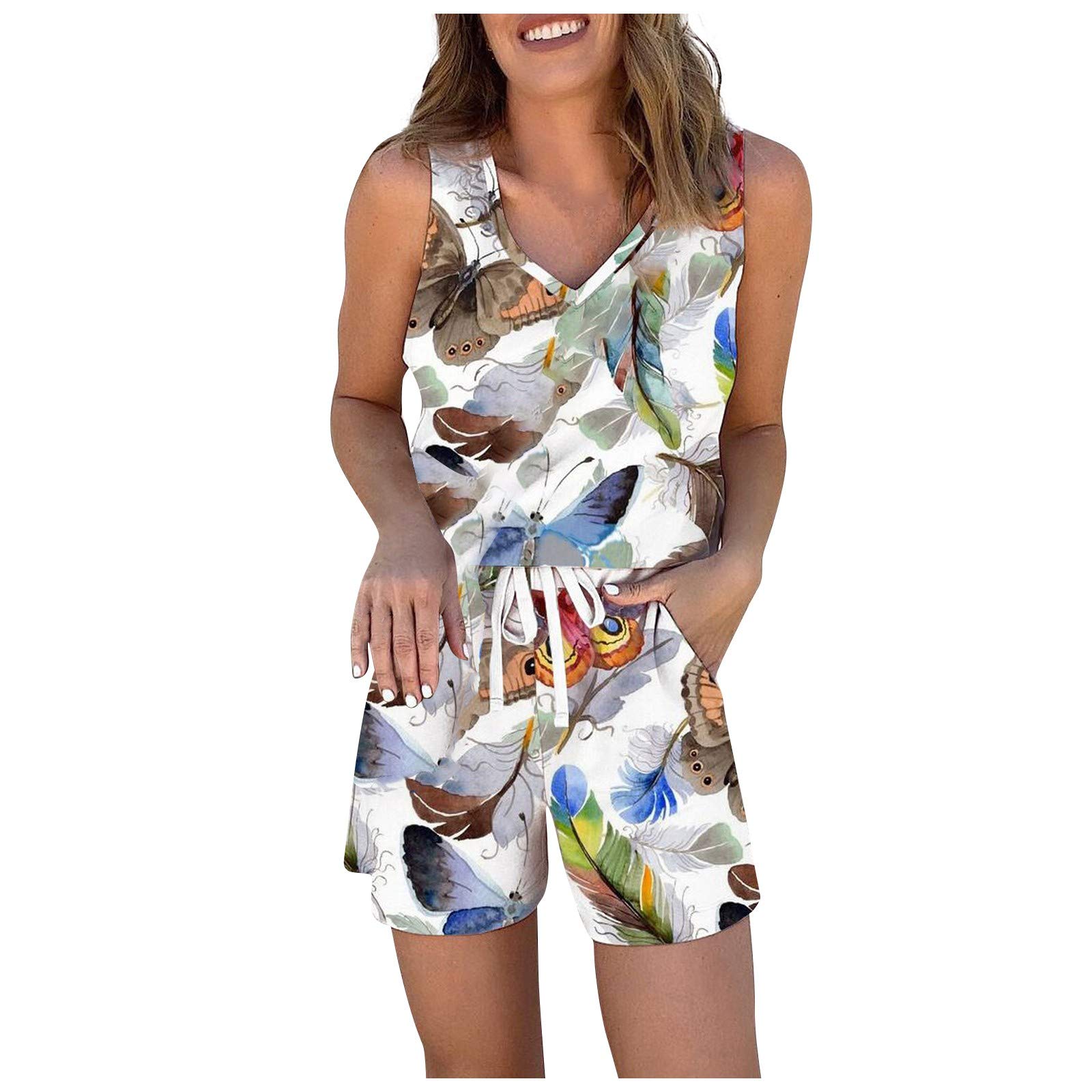 Women's Sleeveless Pajama Set - Print Sleepwear & Lounge Shorts for Nightwear