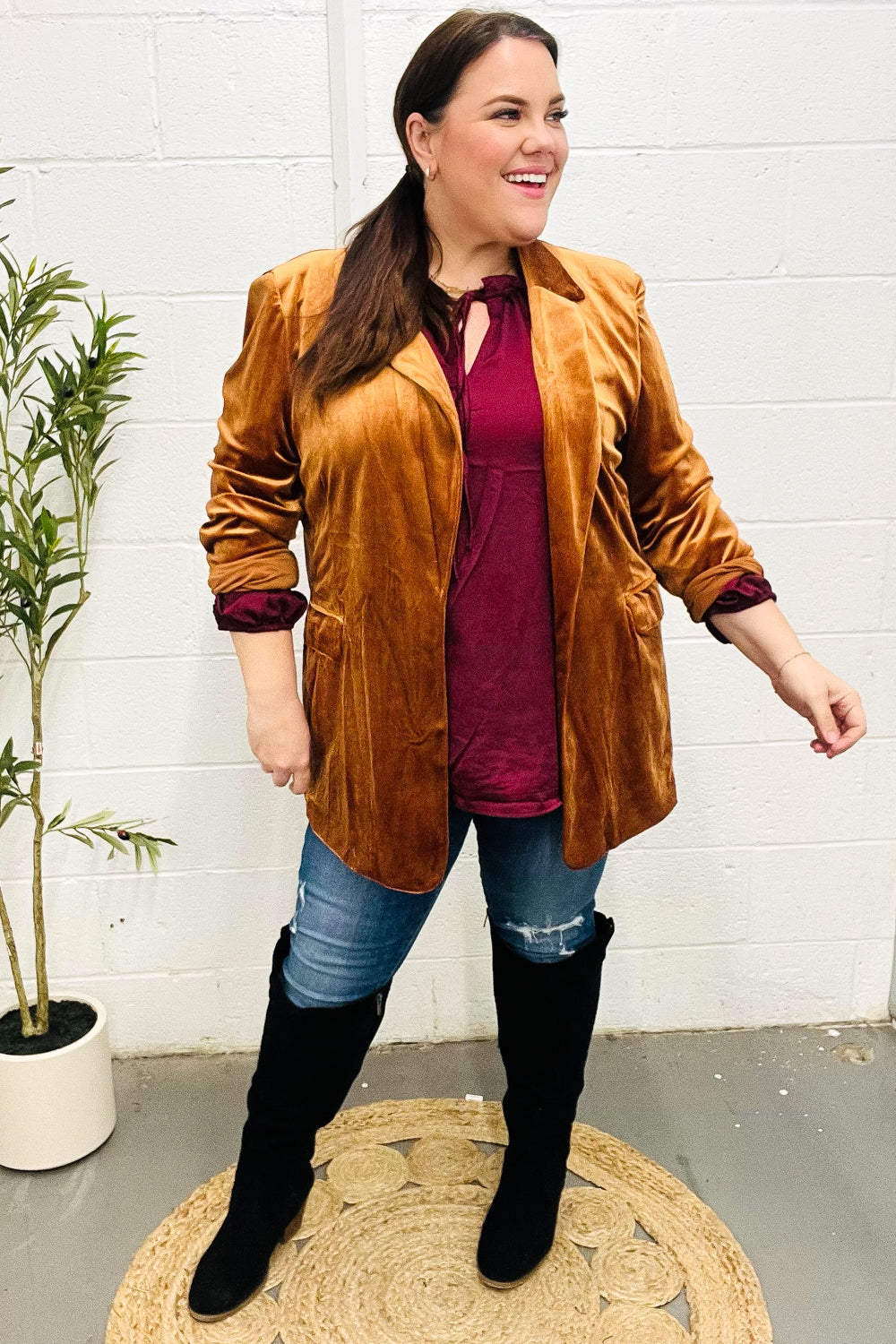 Stylish Rust Velvet Blazer with Lapel - Elegant Holiday Party Outfit for Women | Perfect for Christmas, Weddings & Special Occasions