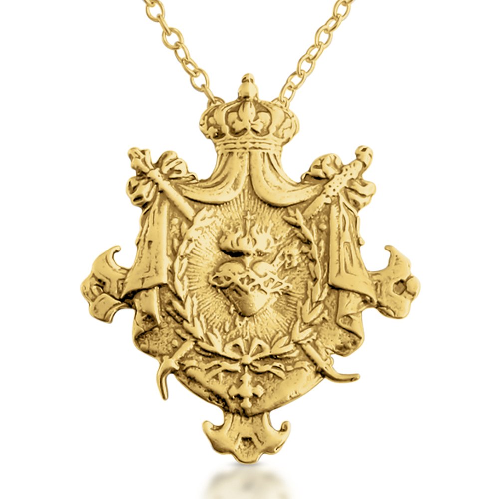 Gold Plated Silver Necklace with Sacred Heart of Jesus & Royal Shield - Catholic Religious Symbol Pendant Jewelry for Women - Perfect for Baptism, First Communion & Spiritual Gifts