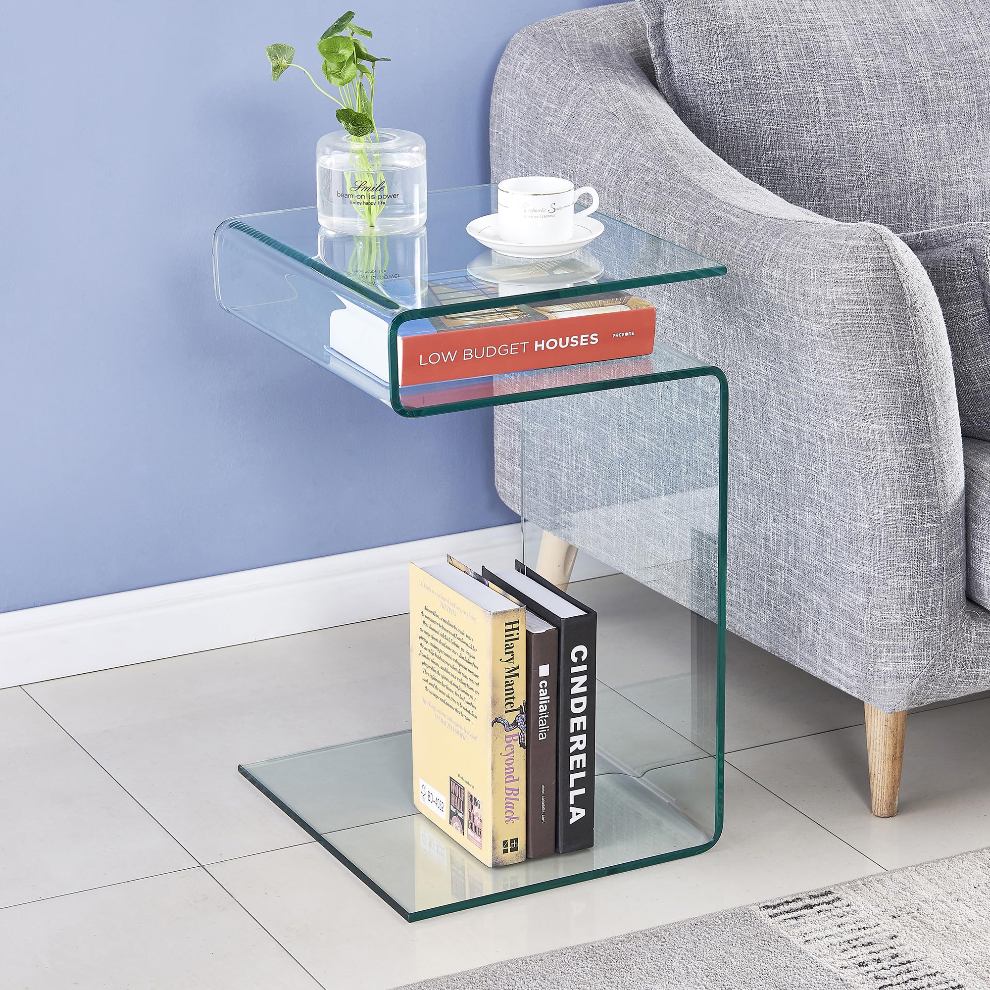 Modern Clear Glass End Side Table - Bent Design Sofa Table & Nightstand for Living Room & Bedroom (24.02