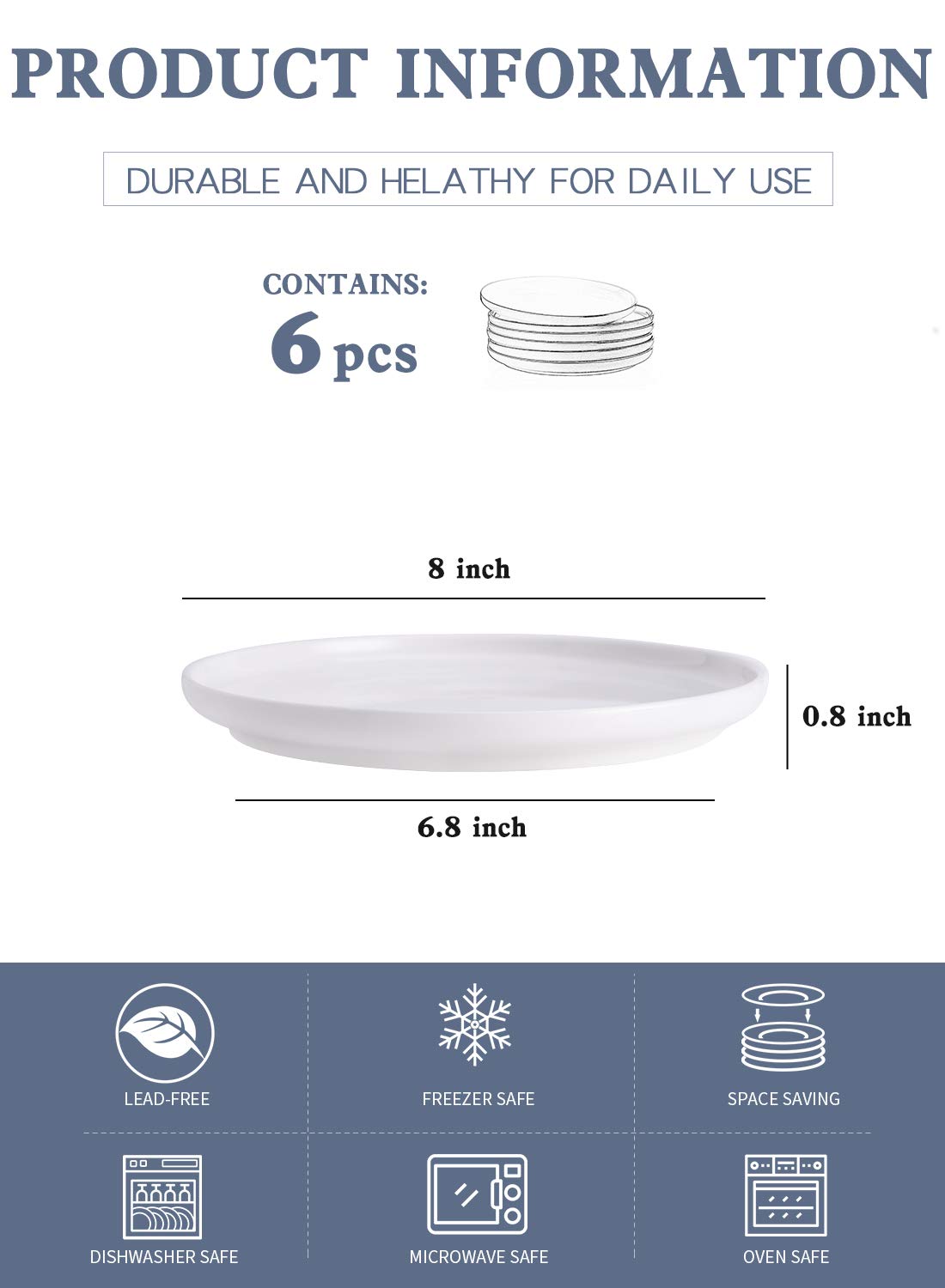 Kanwone 8 Inch Porcelain Dessert Salad Plates Set of 6 - Microwave & Dishwasher Safe White Modern Dinnerware - Perfect for Parties, Weddings, and Everyday Dining