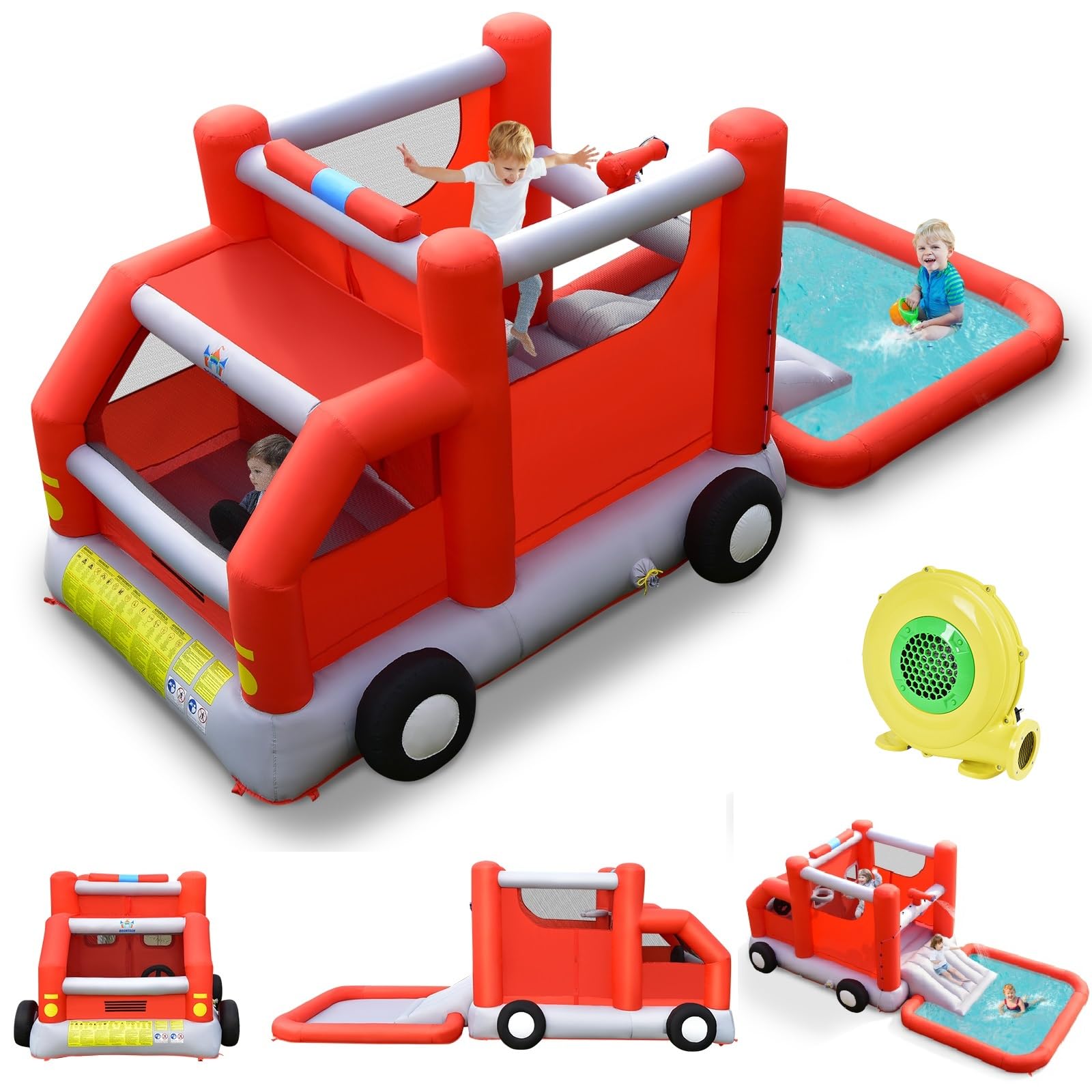 BOUNTECH Inflatable Fire Truck Water Bounce House with Slide & Splash Pool - 480W Blower Included - Wet & Dry Combo Bouncy Castle for Kids Outdoor Play - Perfect for Backyard Parties, Summer Fun & Birthday Gifts