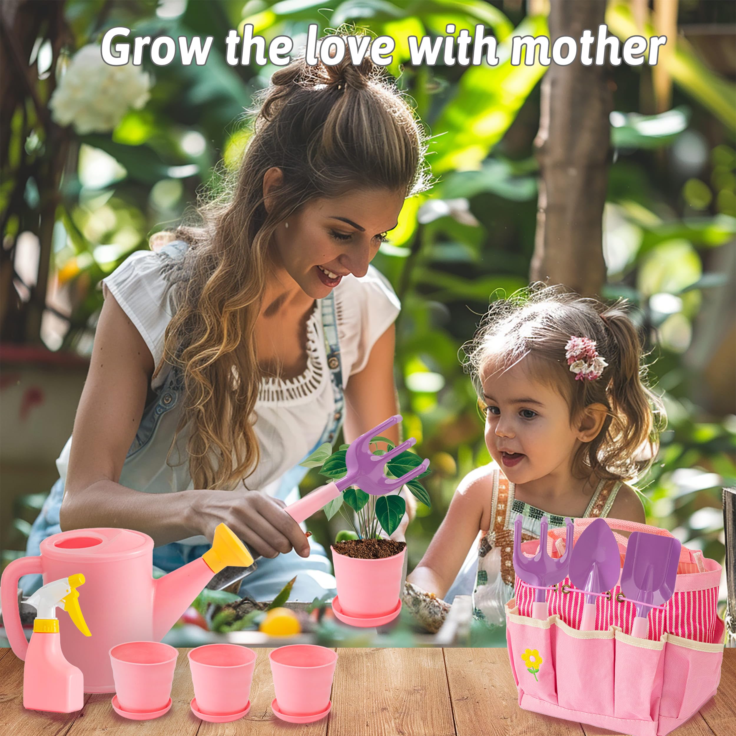 **Pink Kids Gardening Tools Set - Metal Rake, Shovel, Trowel, Watering Can, Gloves & Tote Bag - Outdoor Garden Toy for Toddler Boys & Girls - Perfect for Spring & Summer Planting, DIY Projects & Outdoor Play**