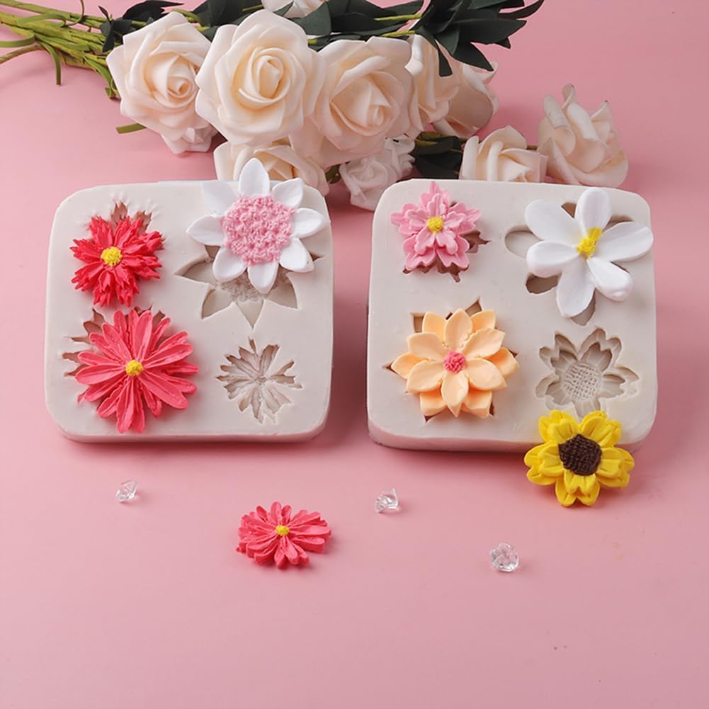 LEGACYCART 4-Cavity Silicone Fondant Molds - Daffodil, Lily, Periwinkle, Buttercup & Jasmine Flower Shapes for Chocolate, Cookies, Cupcakes, Cakes, Candy, Gummy, Jelly, Resin & Polymer Clay Art - Perfect for Baking, Candy Making & DIY Crafts