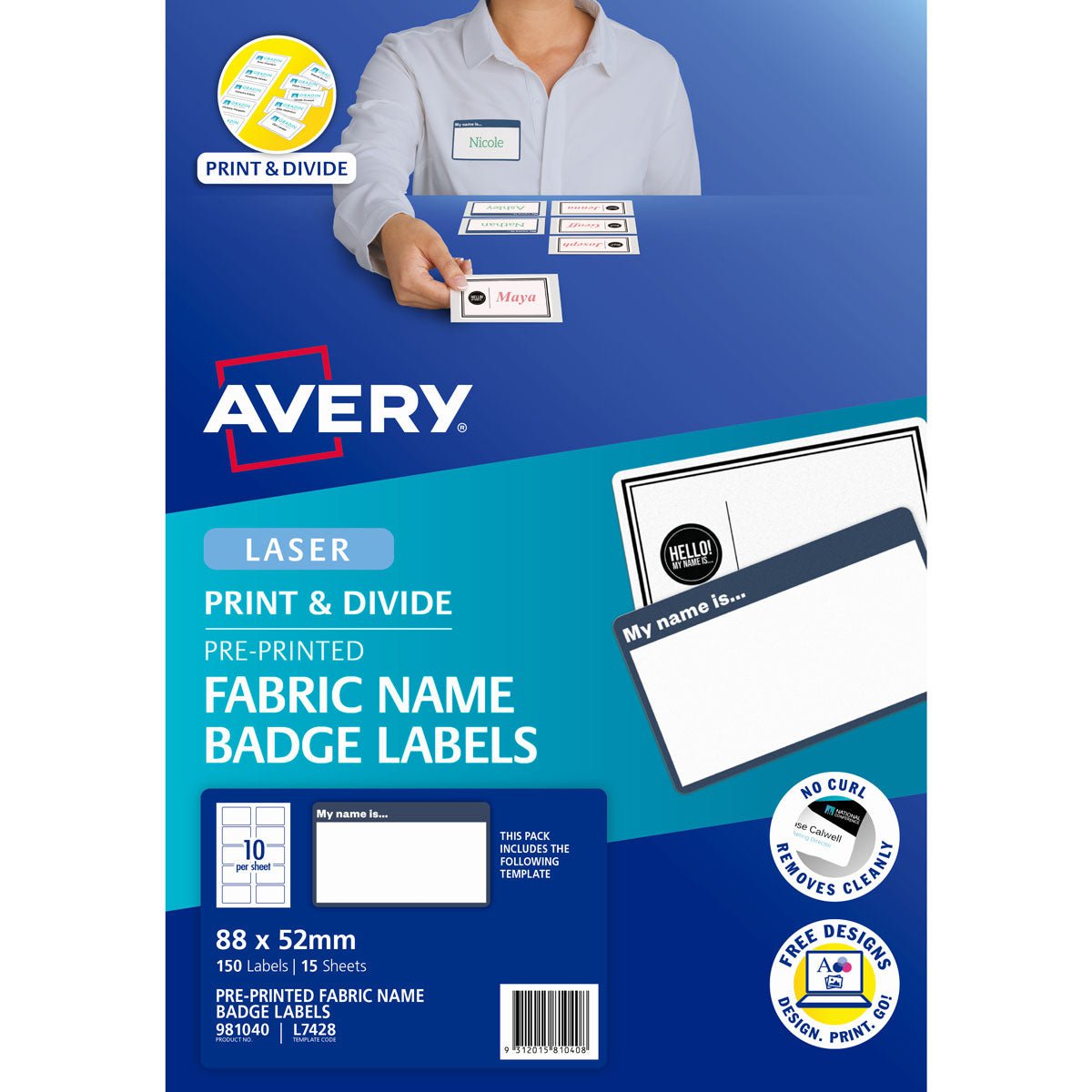 Avery My Name Is Fabric Print & Divide Name Badges 88x52mm - 150 Self-Adhesive Labels L7428 for Office, Events & Conferences - Perfect for Professional Identification & Networking