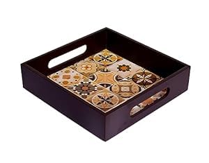 Deseno TWN 8x8 Inch Wooden Square Serving Tray - Kitchen Organizer, Dining Table Decor, Dry Fruit & Snack Tray with Meena Work Design - Perfect for Parties, Tea Time, and Home Decor