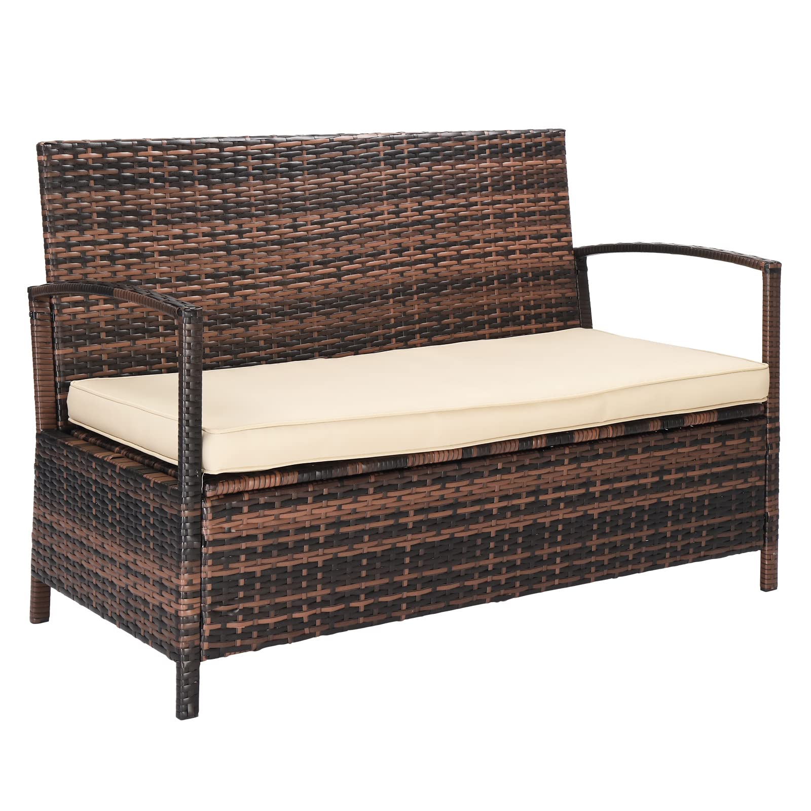 VINGLI 40 Gallon Outdoor Storage Bench with Cushion - Wicker Rattan Deck Box & Patio Sofa Bench for Porch, Yard, Garden - Weather-Resistant Brown Storage Solution for Outdoor Cushions, Pool Toys & Gardening Tools