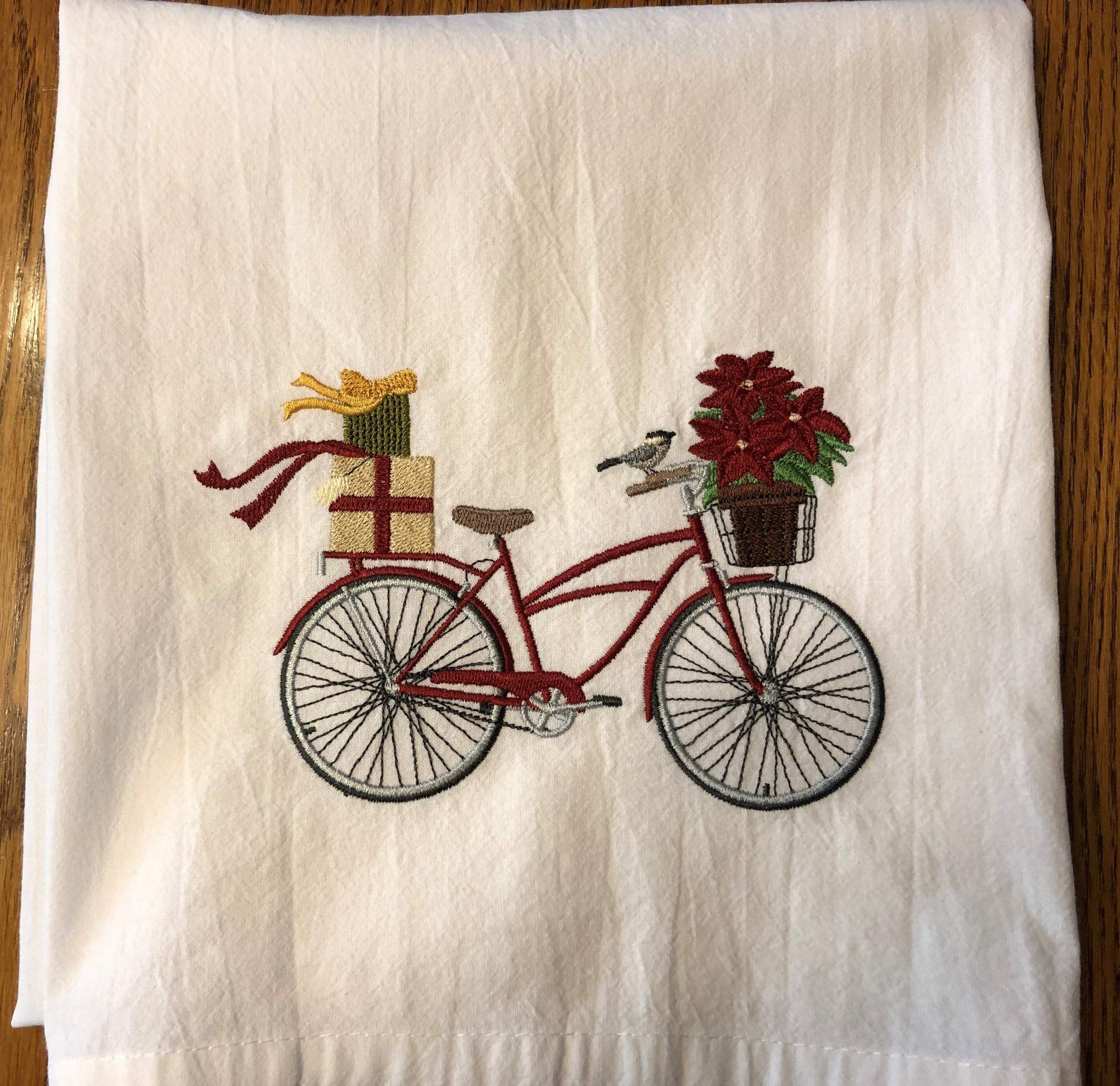 Embroidered Christmas Flour Sack Tea Towel - Dish Towel with Machine Embroidery for Holiday Kitchen Decor & Gift