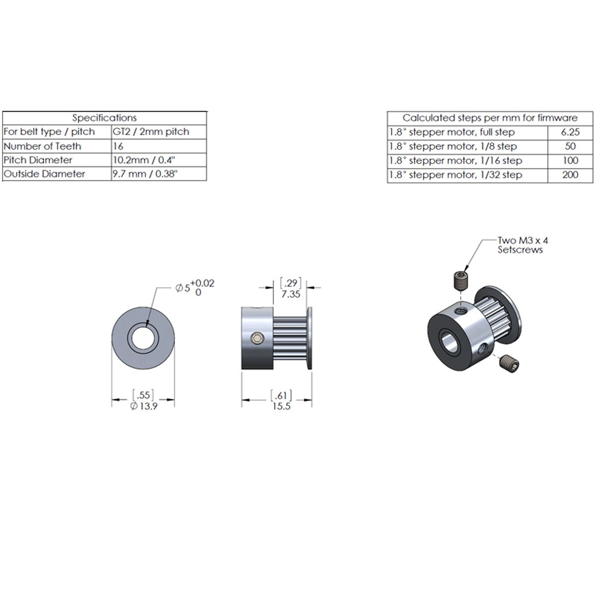 GT2 Timing Pulley and Belt Kit - 2 x 16 Teeth Pulleys with 2M Belt for Reprap 3D Printers (Prusa i3, Kossel, Rostock, TAZ) - Perfect for DIY 3D Printer Repairs and Upgrades