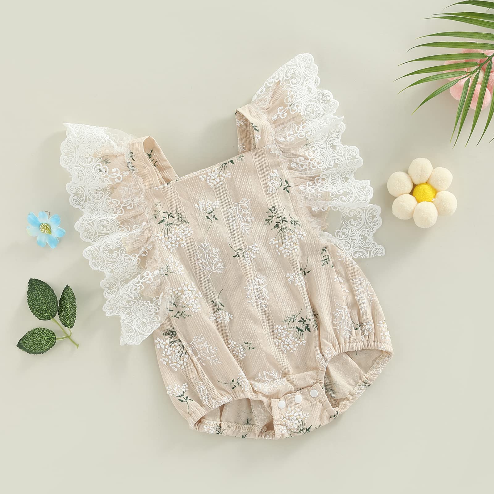 Newborn Baby Girl Clothes - Lace Flutter Sleeve Floral Bodysuit Romper One-Piece Outfit for Summer | Perfect for Photoshoots, Parties & Daily Wear