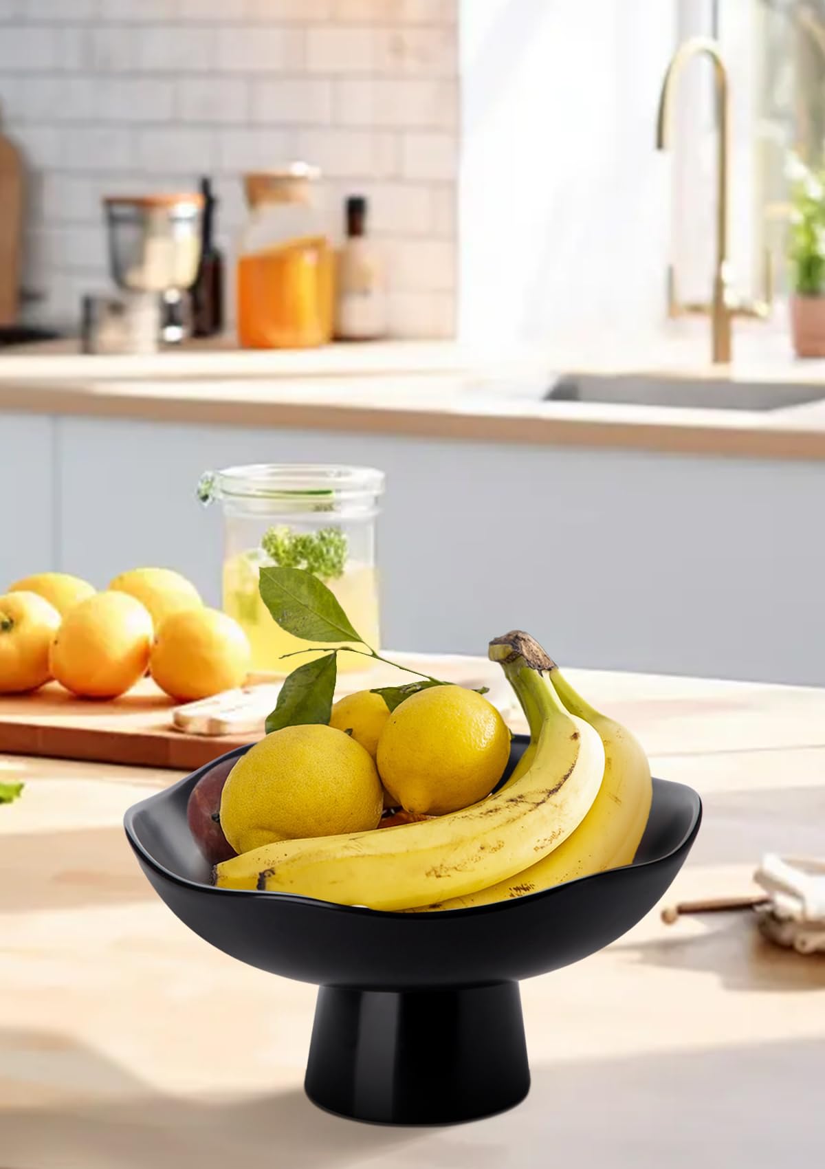 Nucookery 10-Inch Ceramic Fruit Bowl - Modern Matte Black Kitchen Countertop Decor for Fruits, Bread & Vegetables | Large Decorative Serving Basket for Dining Table, Pantry & Home Kitchen Storage