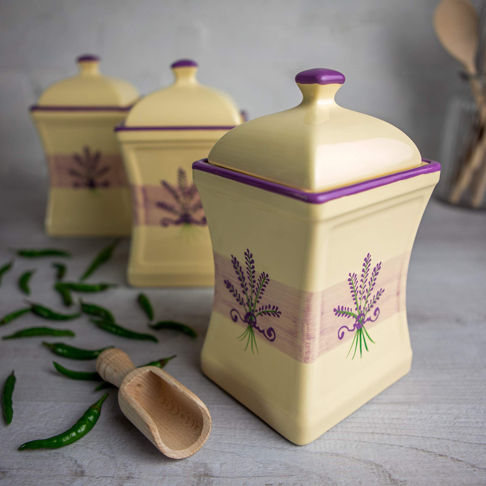Lavender Pattern Purple & Cream Handmade Ceramic Kitchen Storage Jars - Set of 3 Large 31.5oz/900ml Canisters | Perfect for Pantry Organization, Flour Sugar Tea Coffee Storage, Farmhouse & Cottage Decor