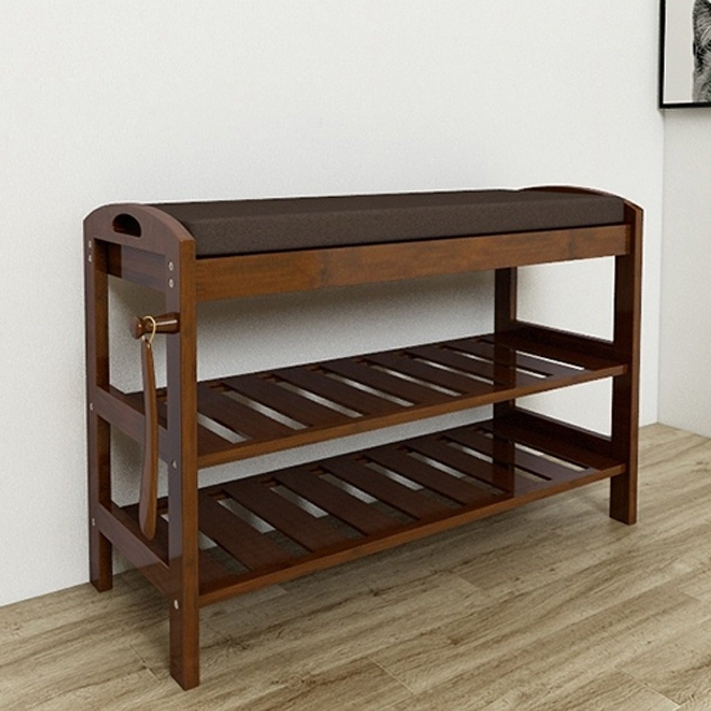 Premium Bamboo Shoe Bench with Hooks - 80cm Over The Door Shoe Organizer & Storage Cabinet - Espresso Finish Wooden Shoe Rack for Entryway, Bedroom, or Closet Organization