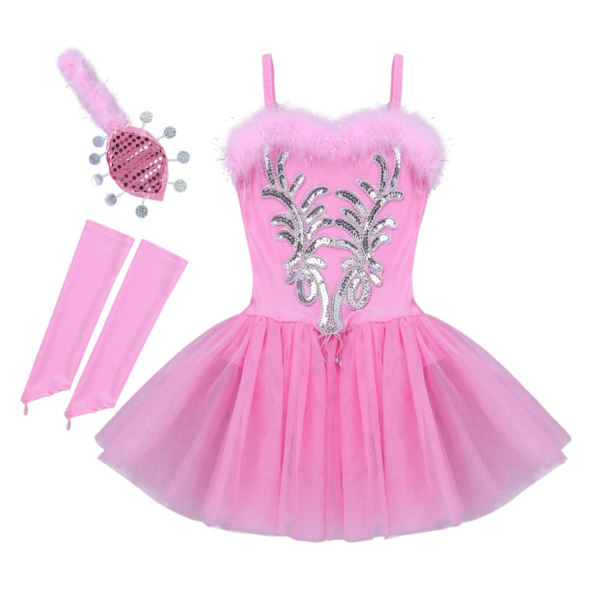 Girls Swan Lake Ballet Tutu Dress with Sequins - Dance Leotard Costume Set Includes Fingerless Gloves & Hair Clip | Perfect for Ballet Recitals, Dance Performances & Themed Birthday Parties