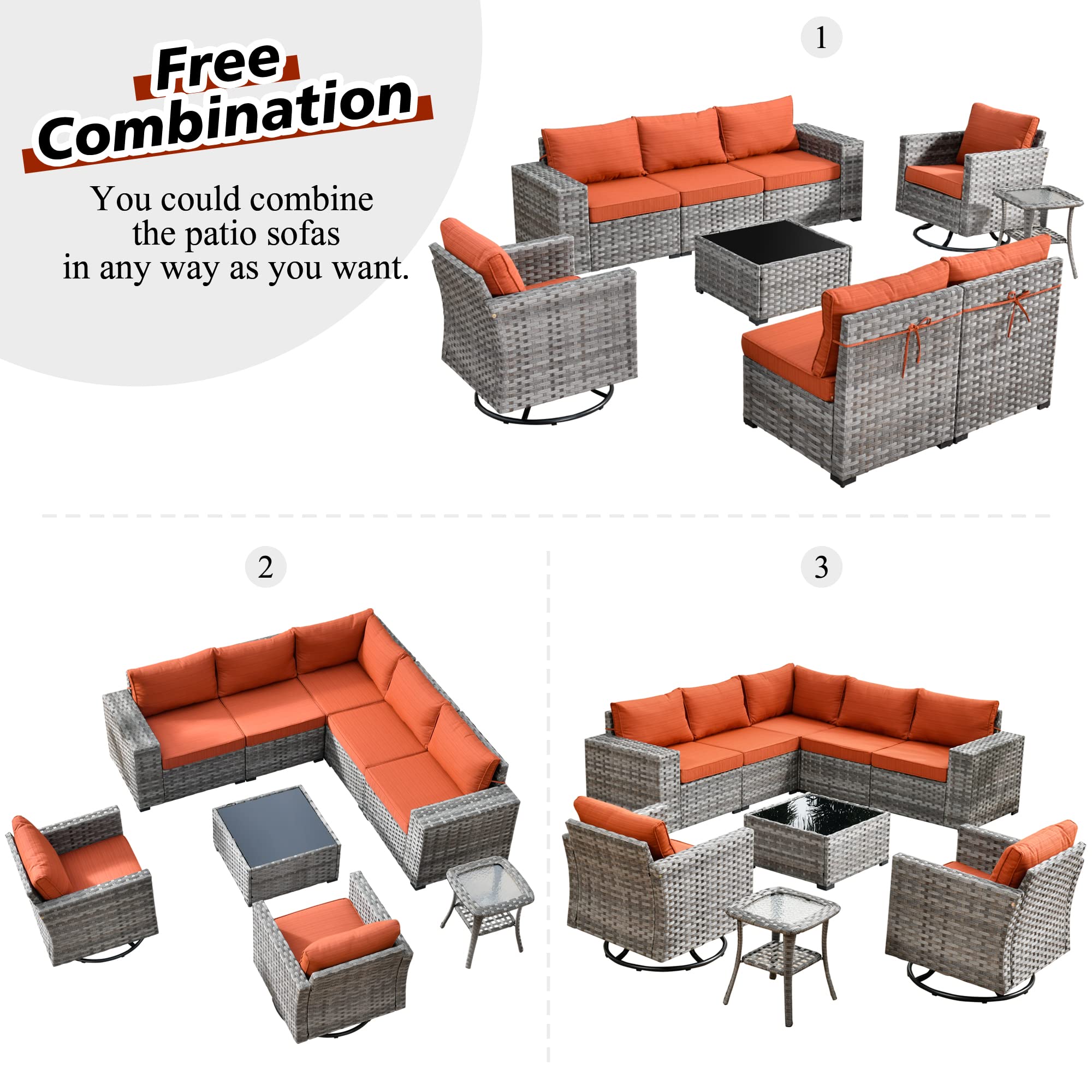 **9-Piece Modern Outdoor Patio Sectional Sofa Set with Swivel Rocking Chairs & Widened Armrests - Modular Wicker Conversation Seating for Garden, Backyard, or Poolside (Orange Red) - Perfect for Relaxing & Entertaining**