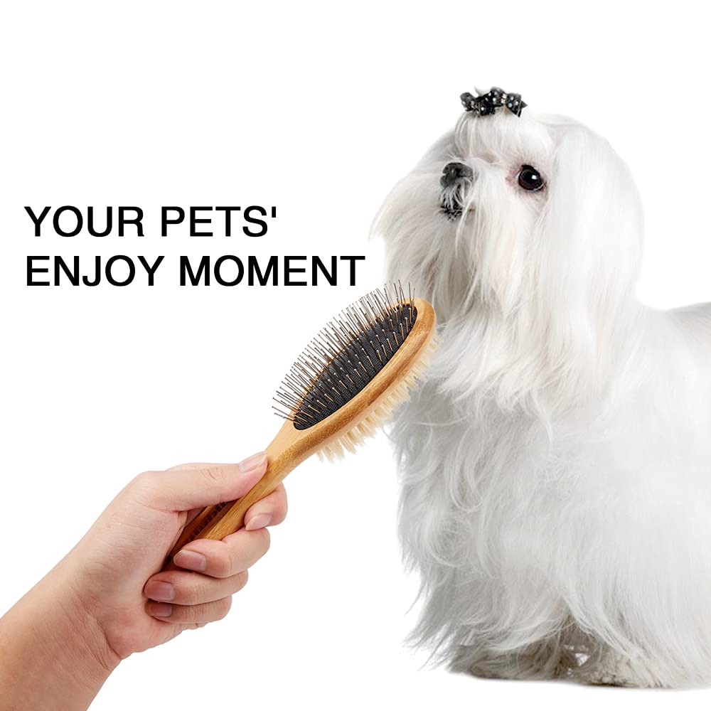 Double Sided Dog & Cat Brush - Boar Bristle & Pin Pet Grooming Brush for Shedding Control - Bamboo Handle for Long & Short Hair - 4 Pack Dog Comb Set (Black & Yellow) - Perfect for Daily Pet Grooming & Hair Removal at Home