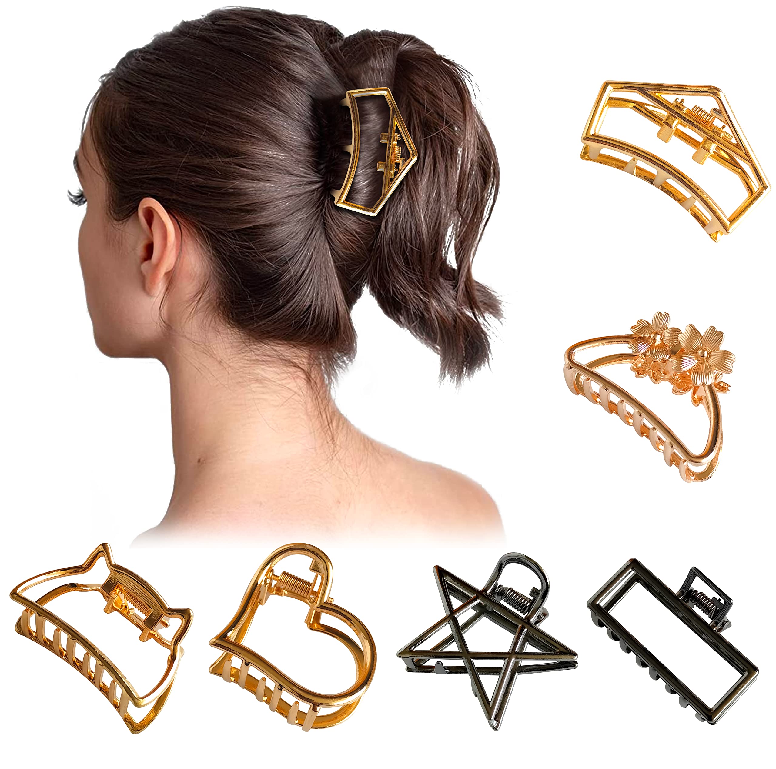 Korean Style Metal Glossy Finish Hair Claw Clips - Golden Hair Clutcher Accessories for Women & Girls (6 Pcs) - Perfect for Updos, Ponytails & Everyday Hairstyles