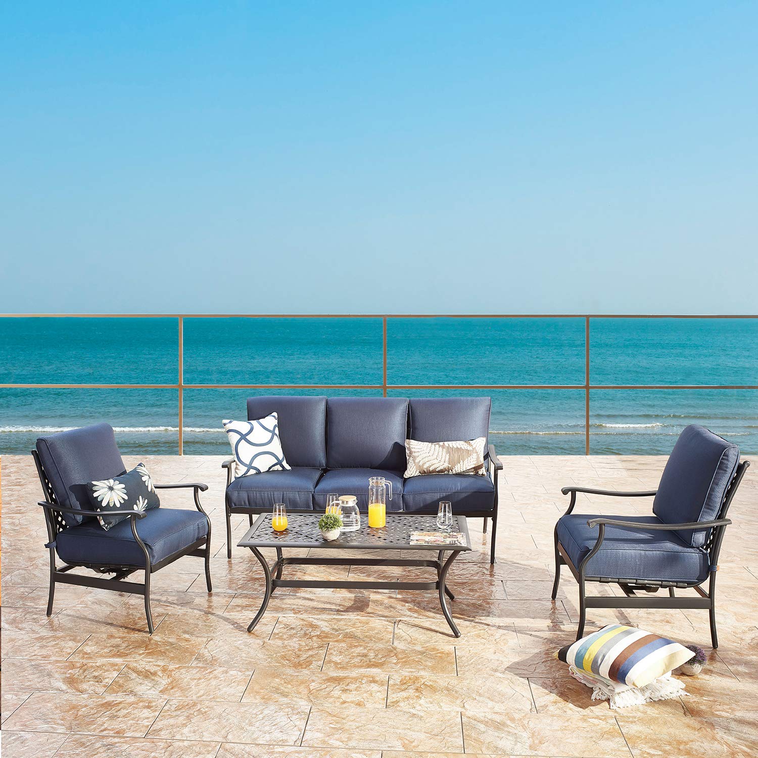 4-Piece Patio Conversation Set with Metal Armchairs, 3-Seater Sofa & Coffee Table - Outdoor Furniture for Deck, Garden, Backyard (Blue) | Perfect for Relaxing, Entertaining & Outdoor Dining