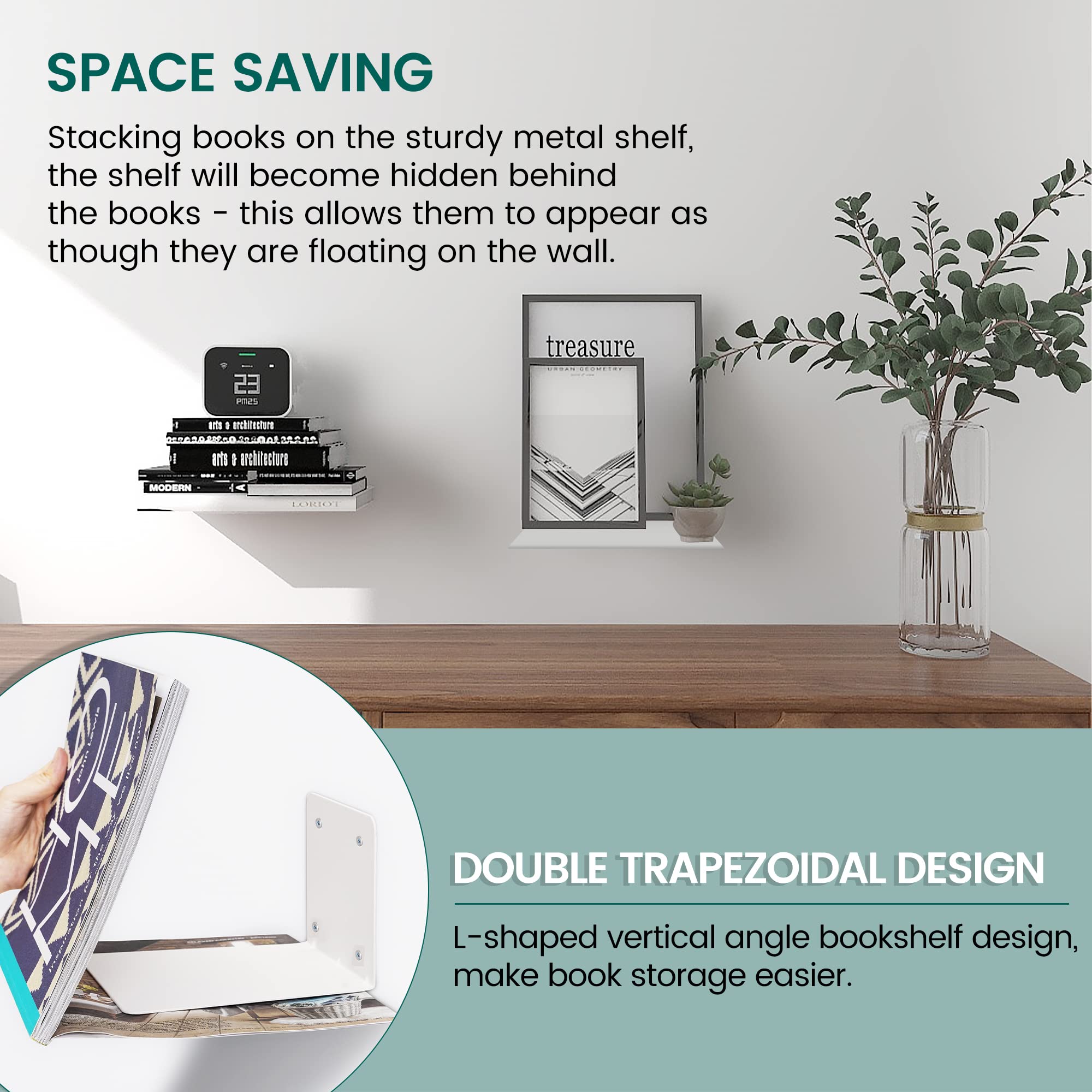 STORAGE MANIAC Floating Bookshelves - Heavy Duty Steel Wall Mounted Invisible Shelves (White, 3-Pack) - Extra Large Hidden Book Storage for Bedroom, Living Room & Office - Perfect for Displaying Books, Decor & Collectibles
