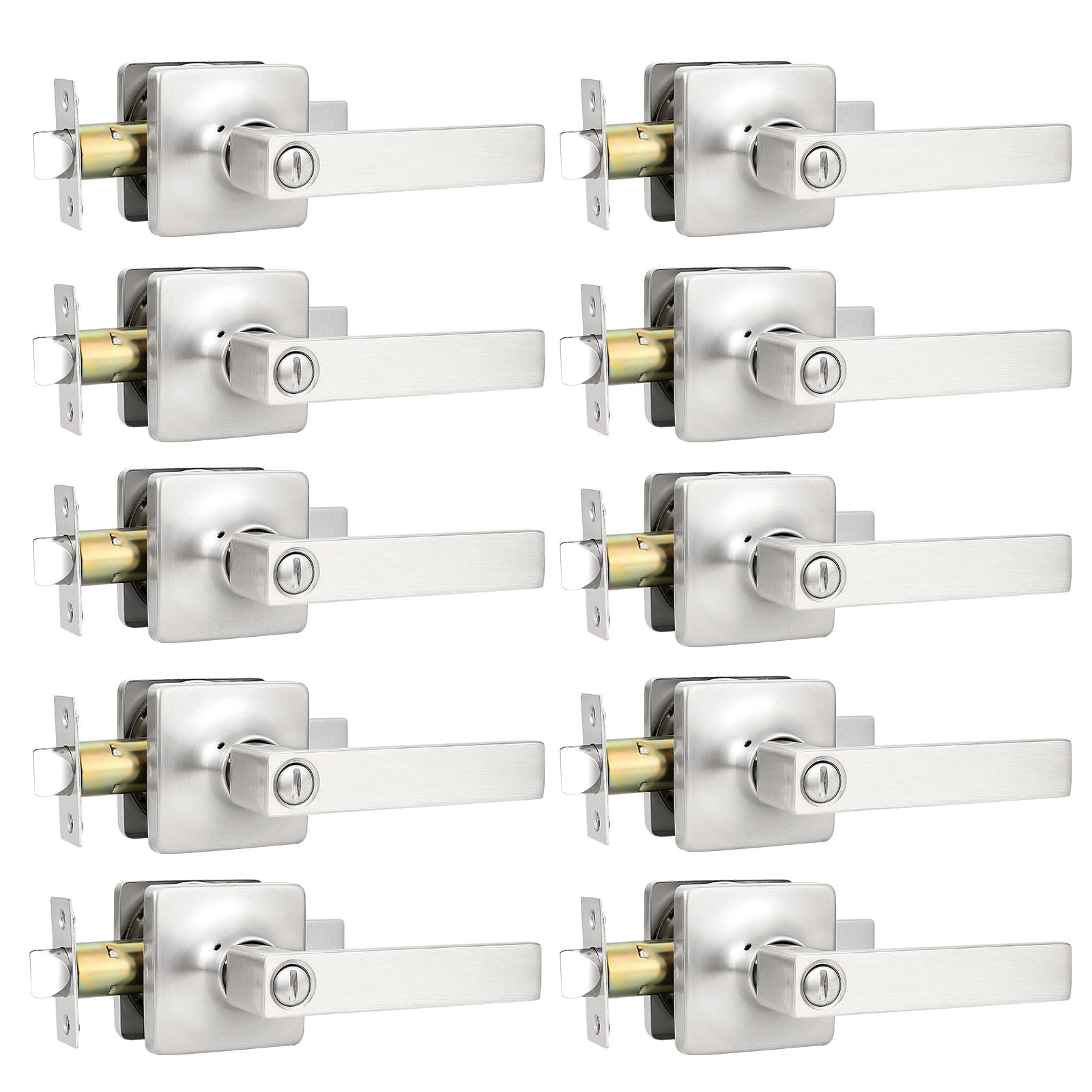 GOBEKOR 10 Pack Keyless Privacy Door Levers - Brushed Nickel Bedroom Door Handle with Lock, Square Interior Door Handles, Straight Lever for Home Security | Perfect for Bedrooms, Bathrooms & Private Spaces