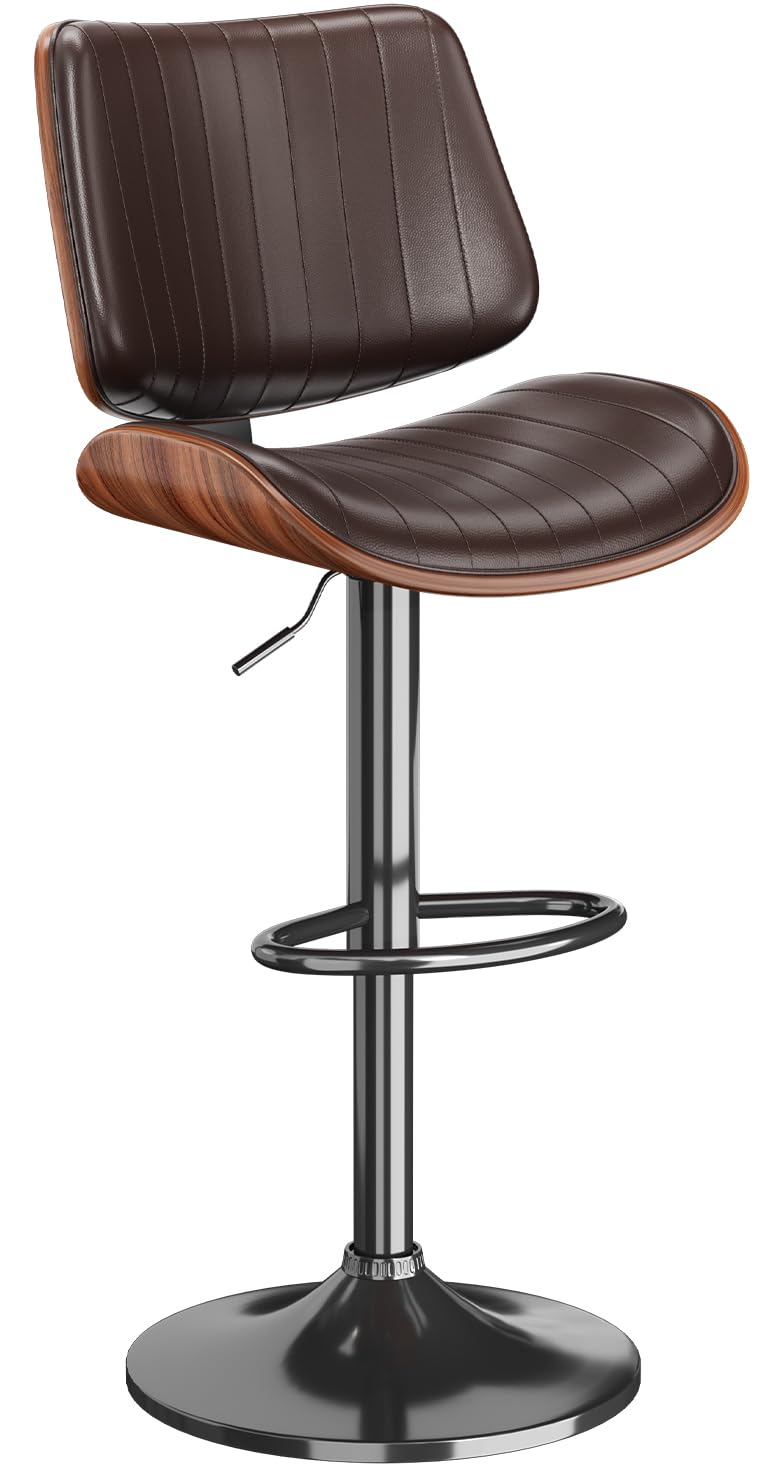 Adjustable Swivel Bar Stool with Backrest & Footrest - Modern PU Leather Upholstered Bentwood Bar Chair for Kitchen Island, Counter, Dining Room & Home Bar - Comfortable Seating for Entertaining, Breakfast Nook & Casual Dining (Brown)