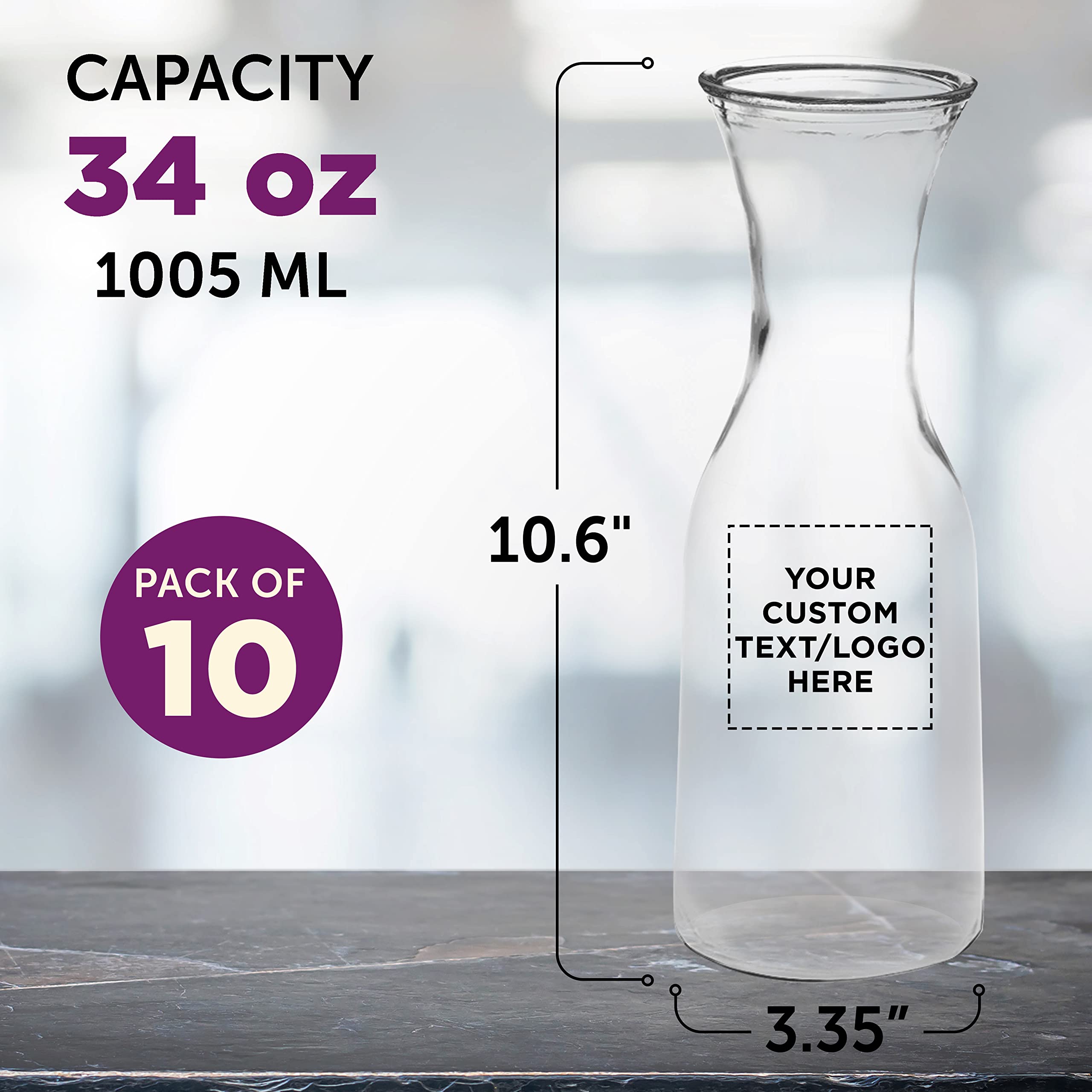 34 oz Clear Glass Carafe Set of 10 - Custom Personalized Bulk Pack, BPA-Free & Lead-Free, Wide Mouth for Easy Pouring & Aeration - Elegant Design for Wine, Water, Juice Serving - Perfect for Restaurants, Bars, Weddings & Home Entertaining