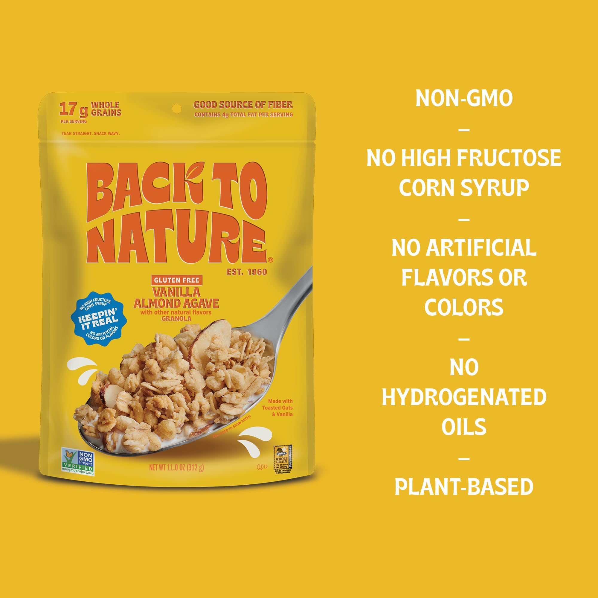 Back to Nature Granola Cereal - Gluten Free, Non-GMO, Vegan Snacks with Whole Grain Rolled Oats - Vanilla Almond Agave Flavor, 11oz (6 Pack) | Healthy Breakfast & On-the-Go Snack for Adults & Kids