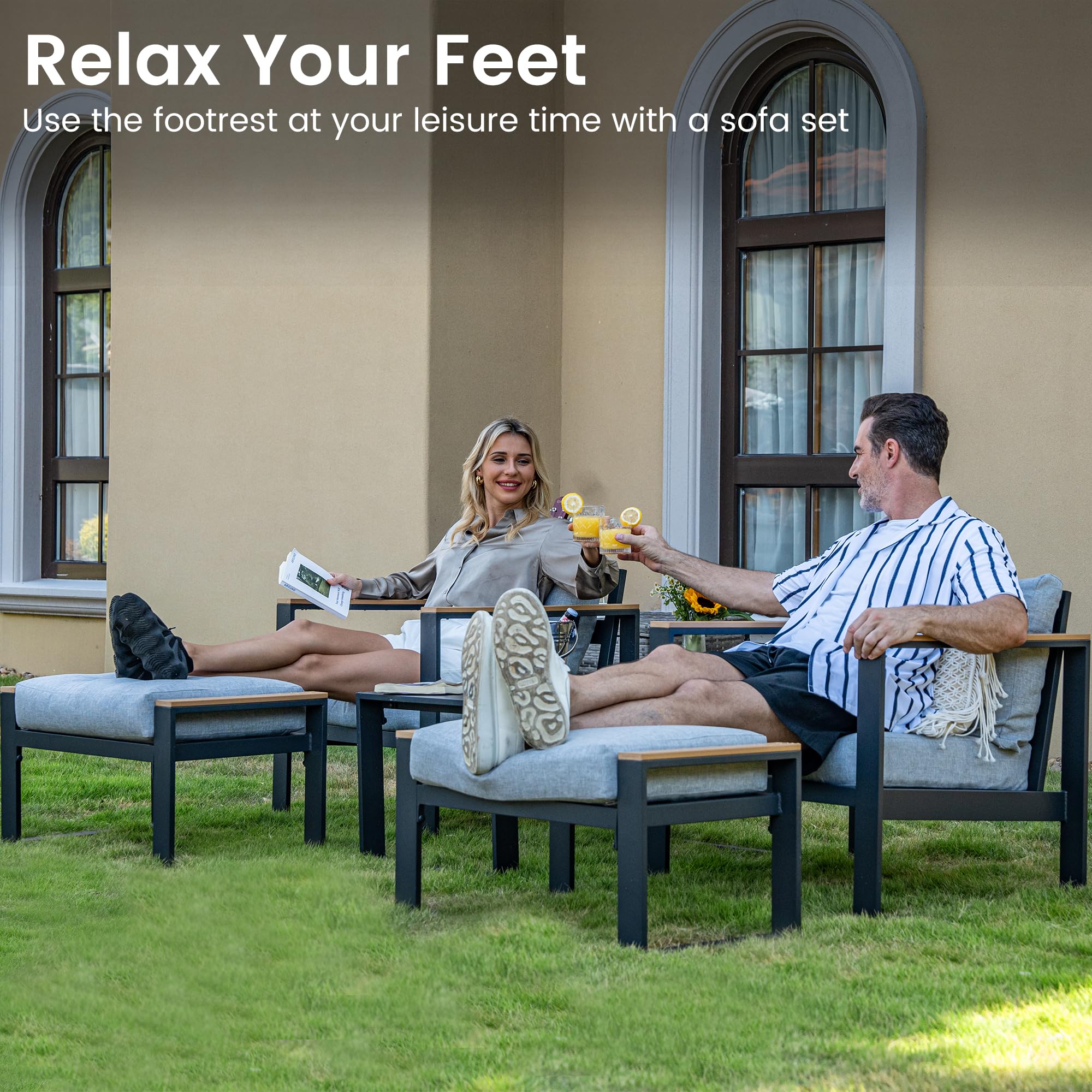 Sundale Outdoor 2-Piece Aluminum Patio Ottoman Set with Sandwich Foam Cushions - Waterproof Olefin Fabric Footstool, Small Metal Outdoor Chairs for Deck, Backyard, Porch, Garden - Perfect for Relaxing & Lounging (Grey)