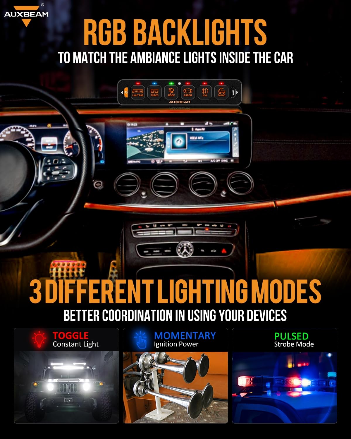 Auxbeam 6 Gang Slim RGB Switch Panel AS-R60 - 12-24V Waterproof Dimmable LED Toggle Switch Panel with Momentary Pulsed Function & Off Backlight - Perfect for Trucks, Offroad Vehicles, Boats & Marine Applications - 2 Year Warranty