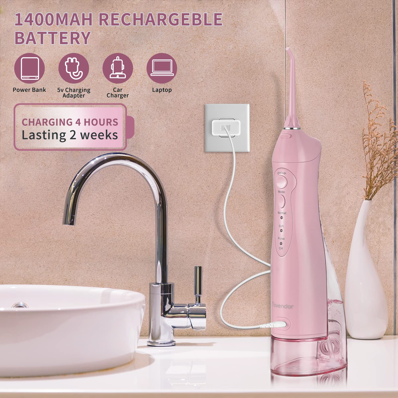 TOVENDOR Cordless Water Dental Flosser - 300ML Rechargeable Oral Irrigator with 5 Nozzle Tips, IPX7 Waterproof for Teeth Cleaning, Braces Care & Gum Health | Portable Travel Water Flosser for Home & Office Use