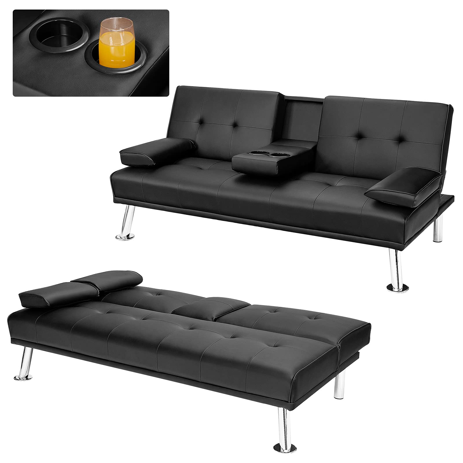 Powerstone Convertible Leather Futon Sofa Bed - Foldable Sleeper Couch for Small Spaces, Living Room Sectional with Cup Holder & Removable Armrests (Black) - Perfect for Apartments, Guest Rooms & Home Offices