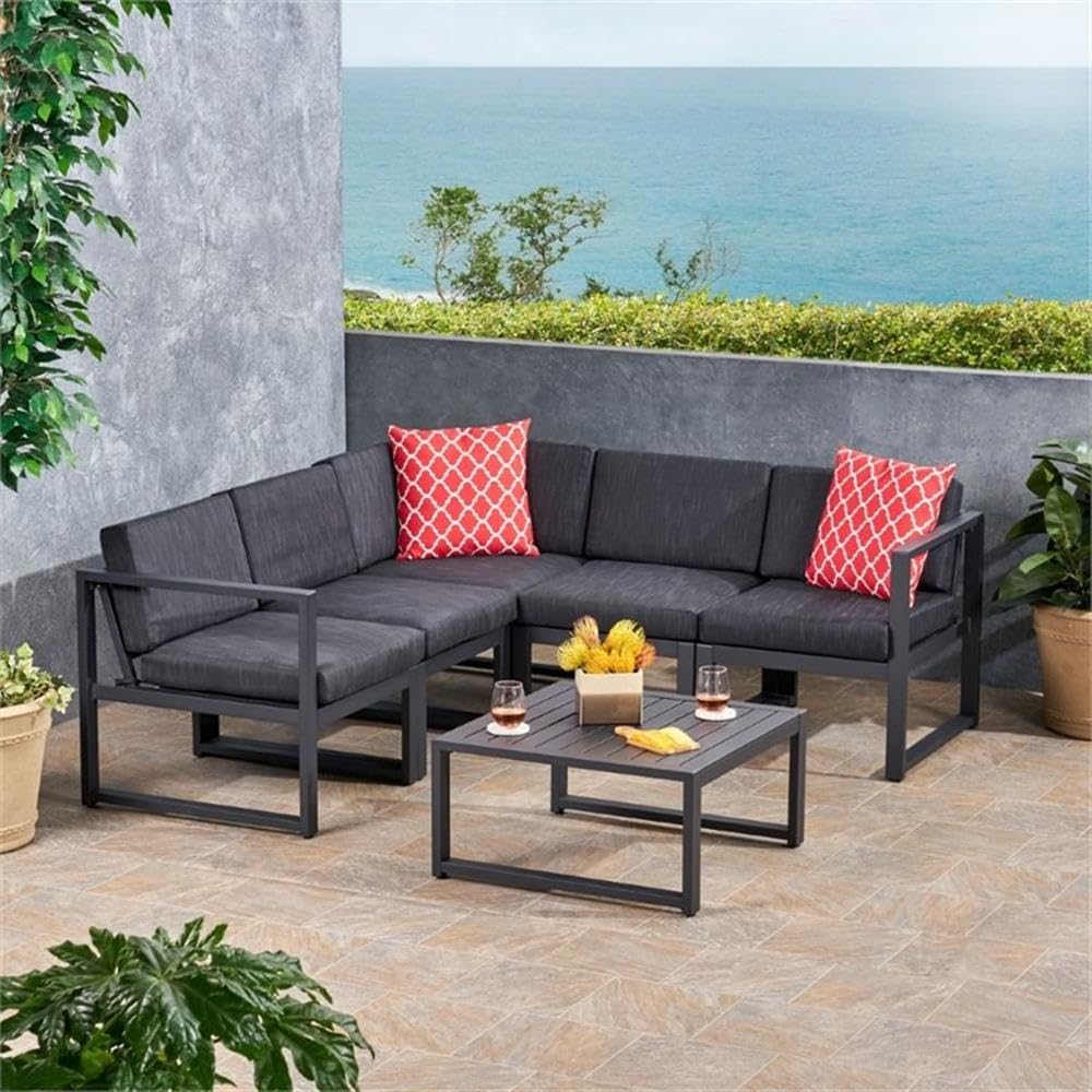 Noble House Navan 6-Piece Outdoor Aluminum Sectional Sofa Set - Dark Gray Patio Furniture for Backyard, Poolside & Garden Lounge