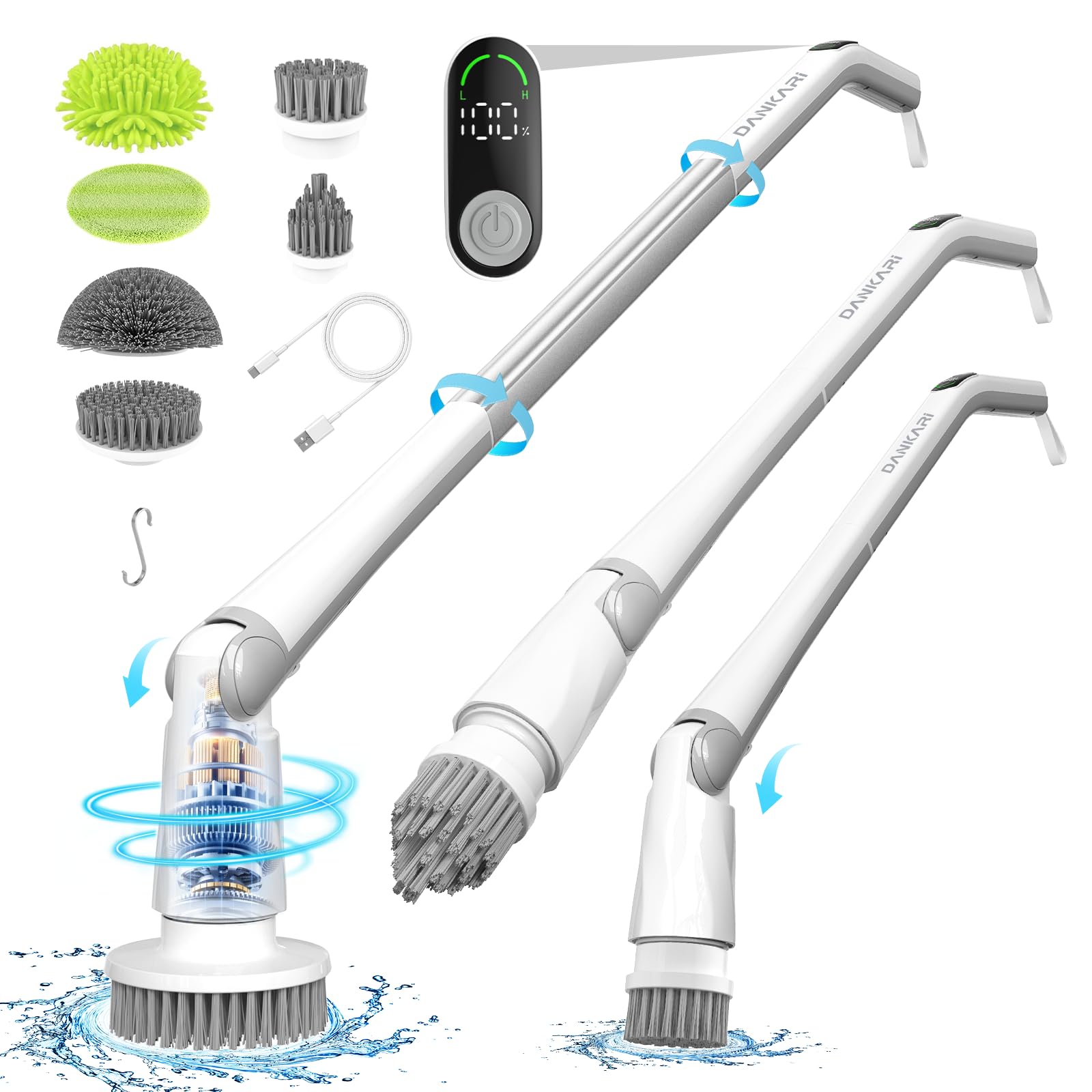 ZUAIAI Cordless Electric Spin Scrubber - 6 Replaceable Brush Heads with LED Display & 2 Speed Settings for Bathroom, Kitchen, Tile, Shower Cleaning - Perfect for Deep Cleaning Grout, Tubs, Floors and Hard-to-Reach Areas