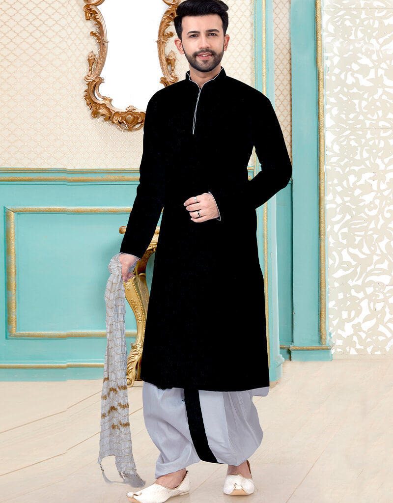 Black Kurta Dhupion Silk Dhoti for Men - Premium Indian Traditional Wear for Weddings & Festivals