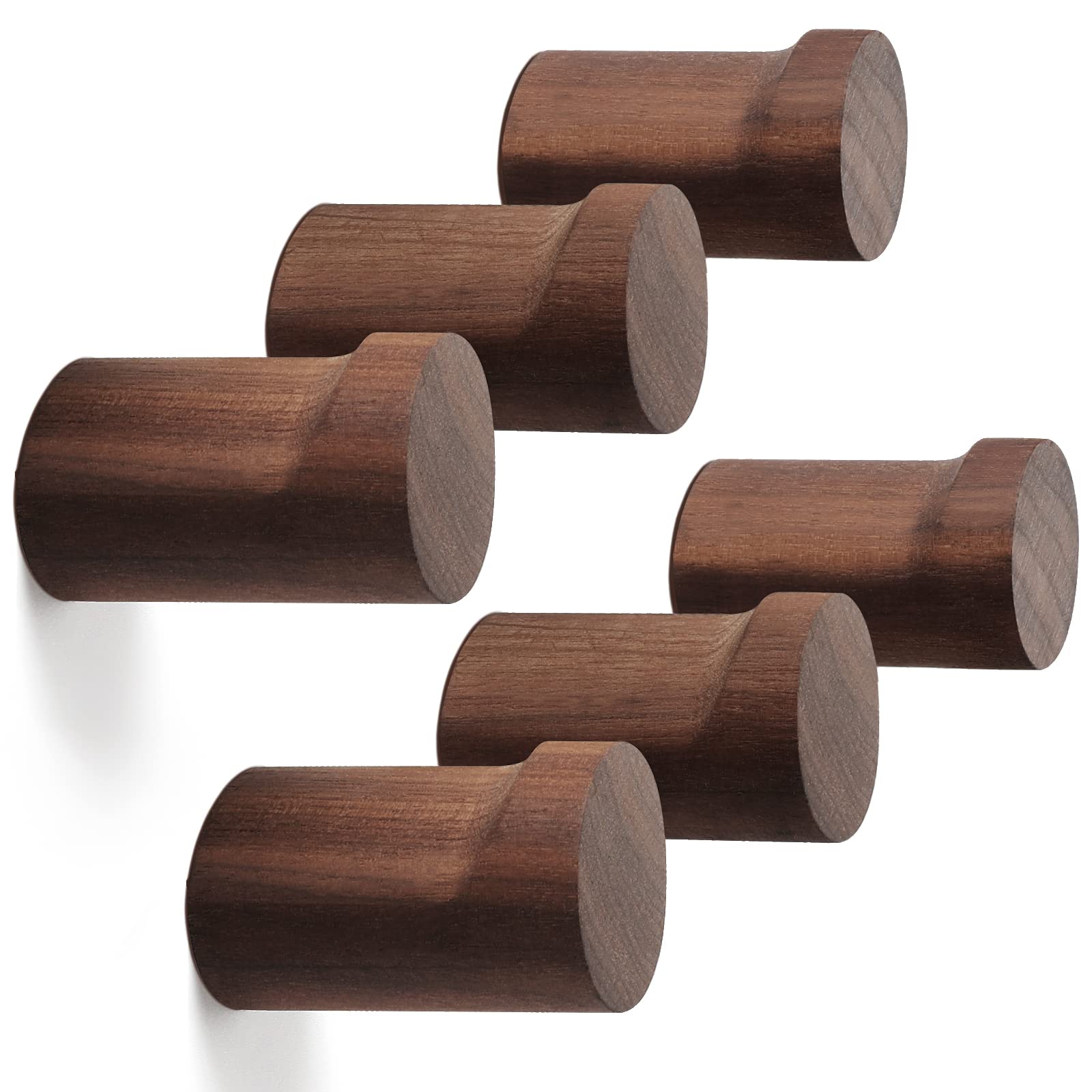 6 Pack Natural Black Walnut Wood Wall Hooks - Handmade Rustic Coat & Hat Hangers for Entryway, Bedroom, Bathroom - Heavy Duty Wall Mounted Hooks for Towels, Clothes, Bags, Robes & Home Decor