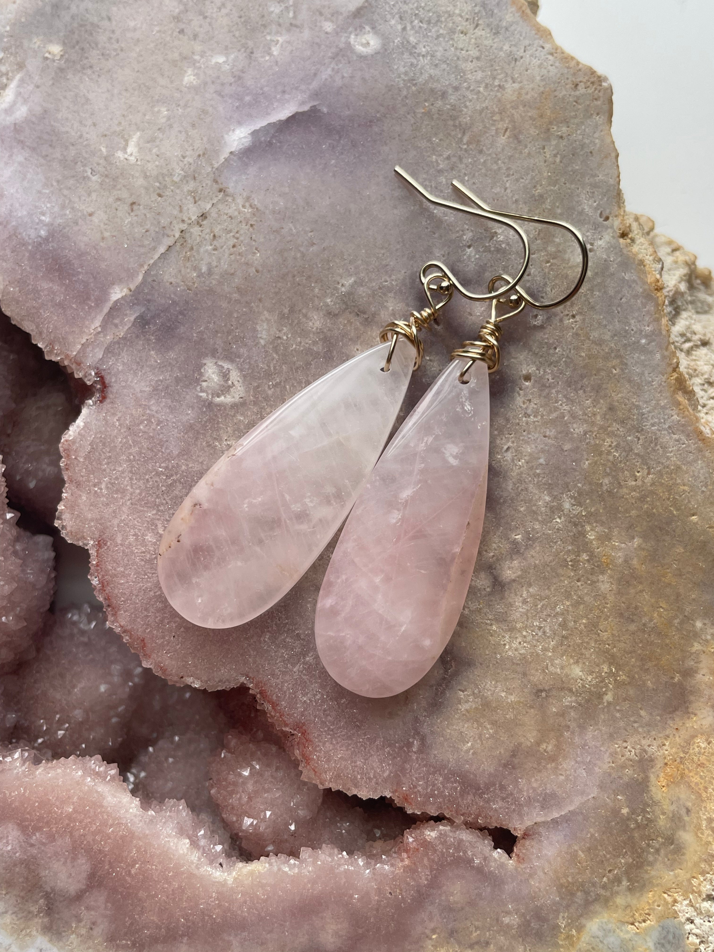 Rose Quartz Dangle Earrings - 14K Gold Filled Hoop Earrings for Women | Elegant Boho Jewelry for Everyday Wear & Special Occasions