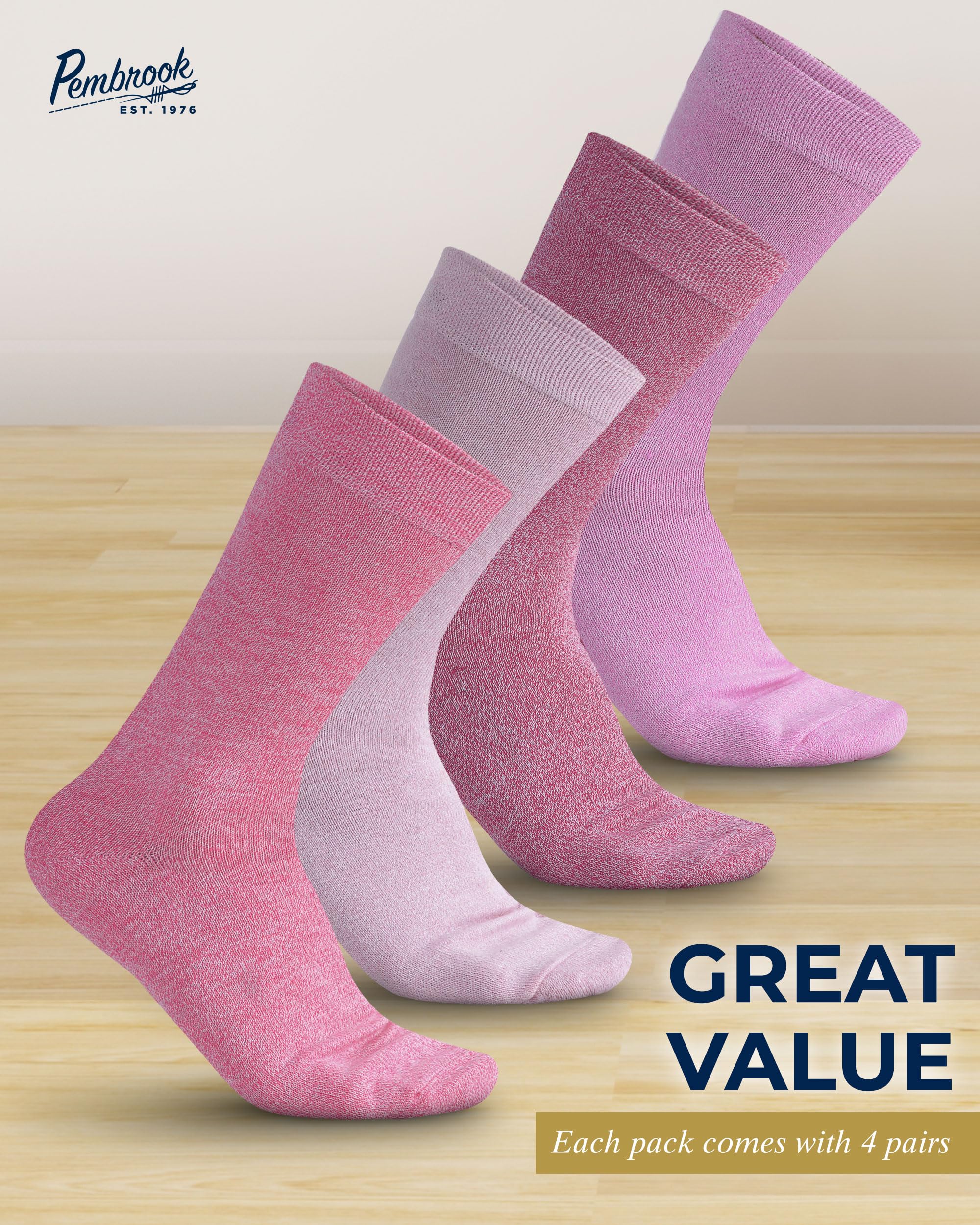 Pembrook Women's Bamboo Viscose Dress Socks - 4 Pairs Moisture Wicking Thin Crew Socks for Work, Office & Formal Occasions