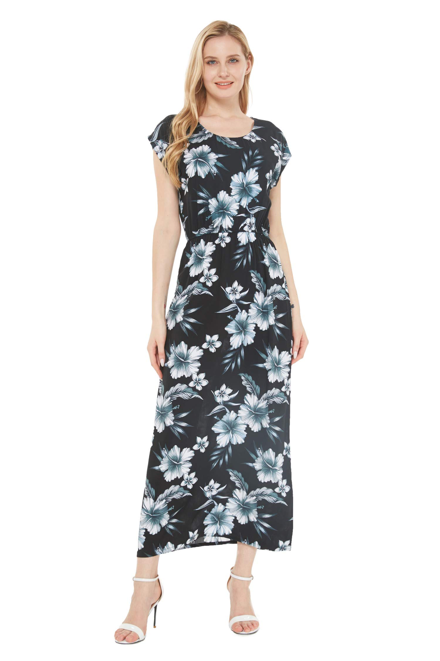 Women's Hawaiian Luau Cap Sleeve Maxi Dress - Floral Print Summer Beach Dress for Vacation, Party & Tropical Getaway