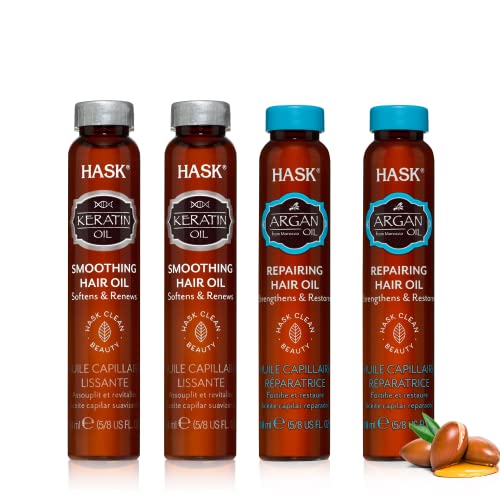 HASK Argan Oil & Keratin Oil Hair Treatment Duo - 2 Vials Each for Deep Conditioning, Frizz Control & Shine - Perfect for Dry, Damaged Hair at Home or Salon Use