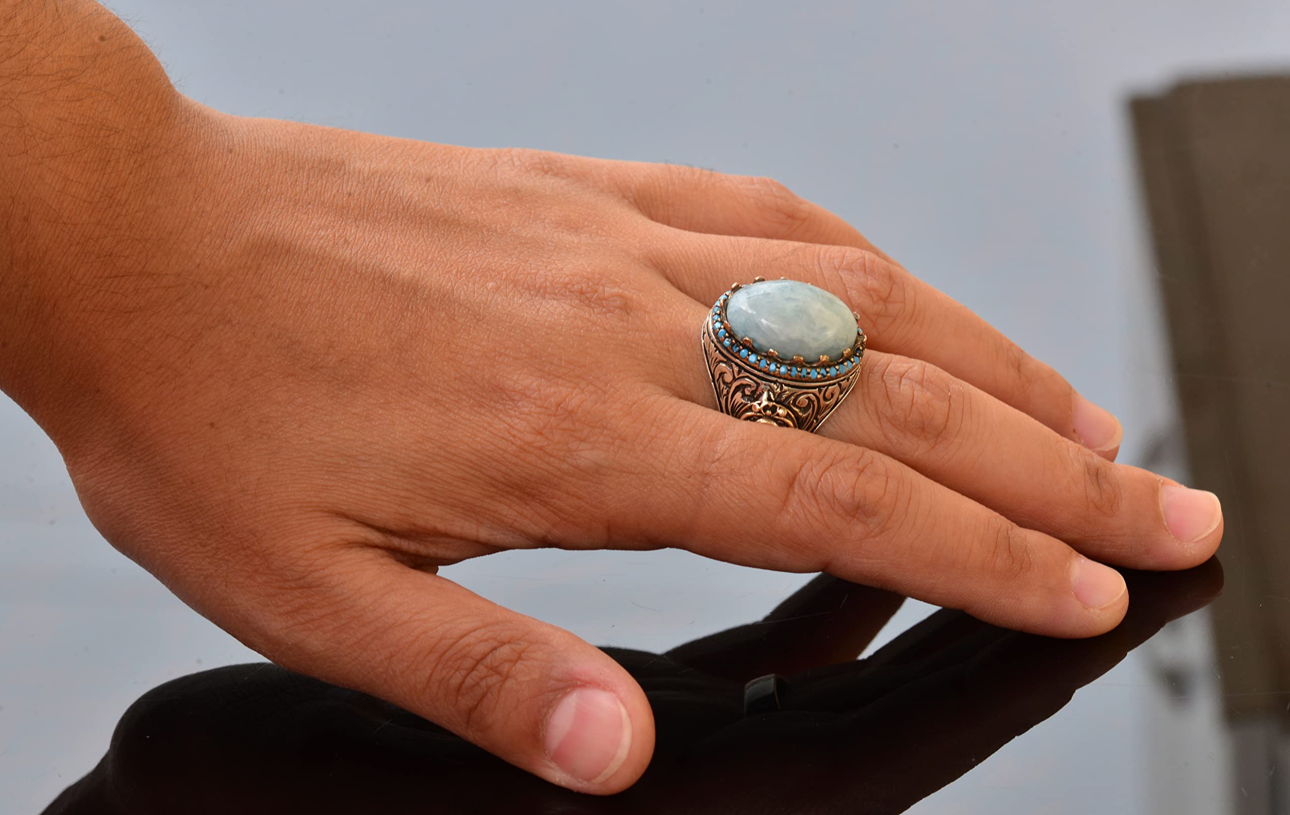 Handmade Sterling Silver Real Natural Larimar Gemstone King Ring for Men | Luxury Statement Jewelry for Weddings, Parties & Gifts