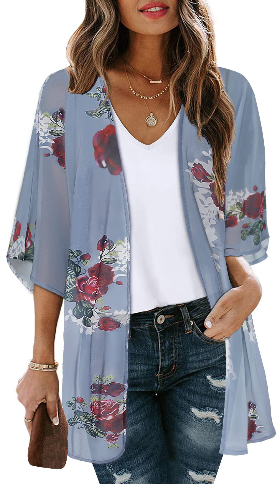 Women's Floral Print Puff Sleeve Kimono Cardigan - Lightweight Loose Cover Up Blouse for Spring/Summer - Perfect for Beach, Vacation & Casual Outfits
