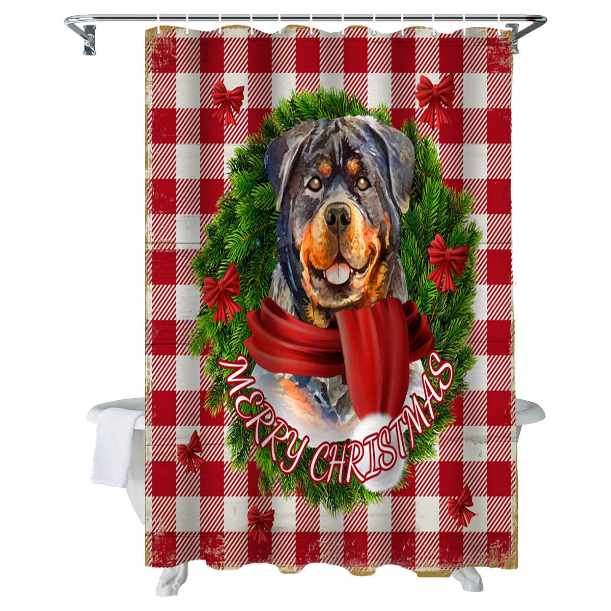 Christmas Rottweiler Dog Waterproof Shower Curtain Set - 36x78 Inch Buffalo Plaid Wreath Fabric Bathroom Decor with 12 Hooks | Holiday Bathroom Accessories for Festive Home Decor