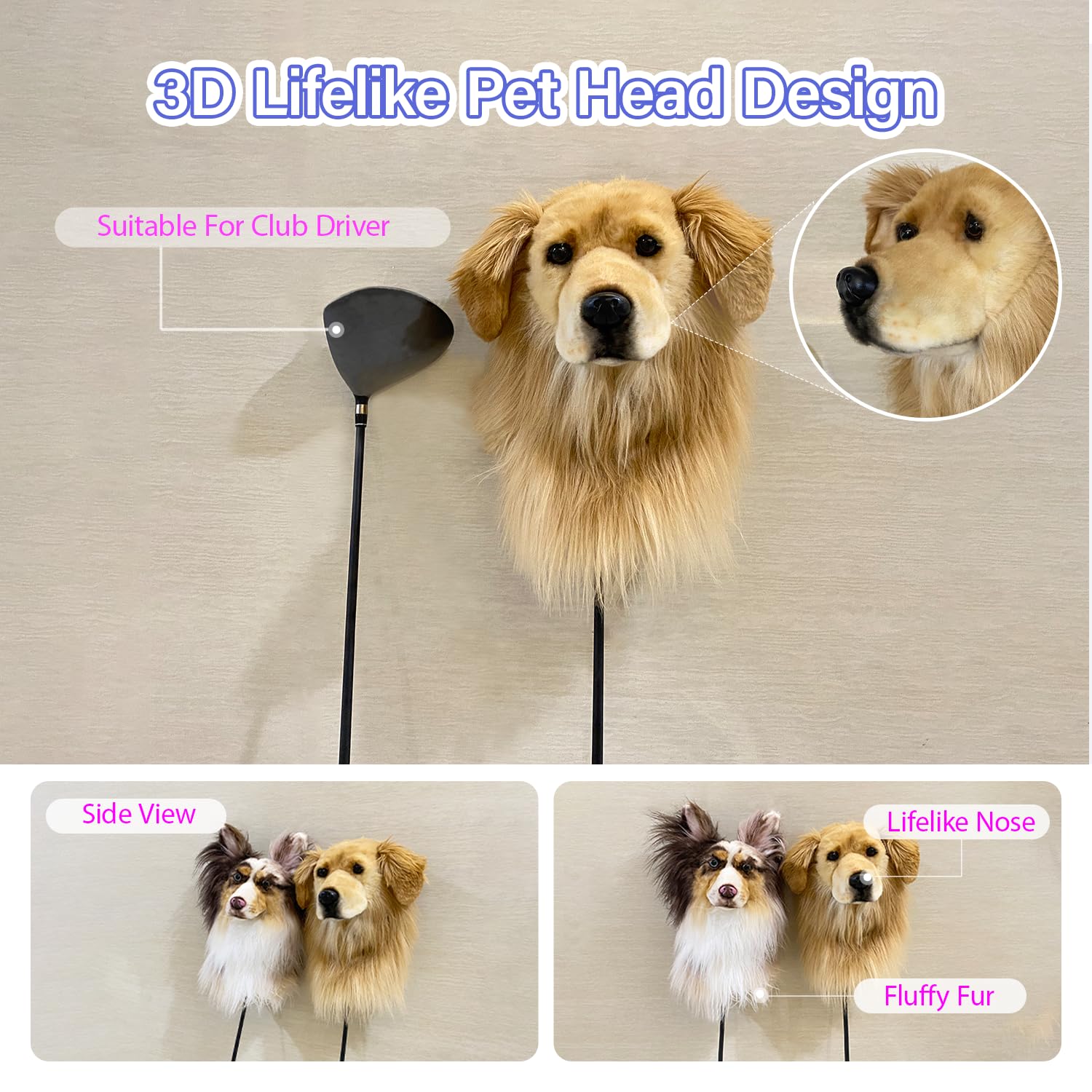 Custom Golf Driver Head Cover - Personalized & Lifelike Pet Design (Dog, Cat, etc.) for Golf Club Protection | Great Gift for Golf Lovers | Perfect for Course Play, Driving Range & Club Storage