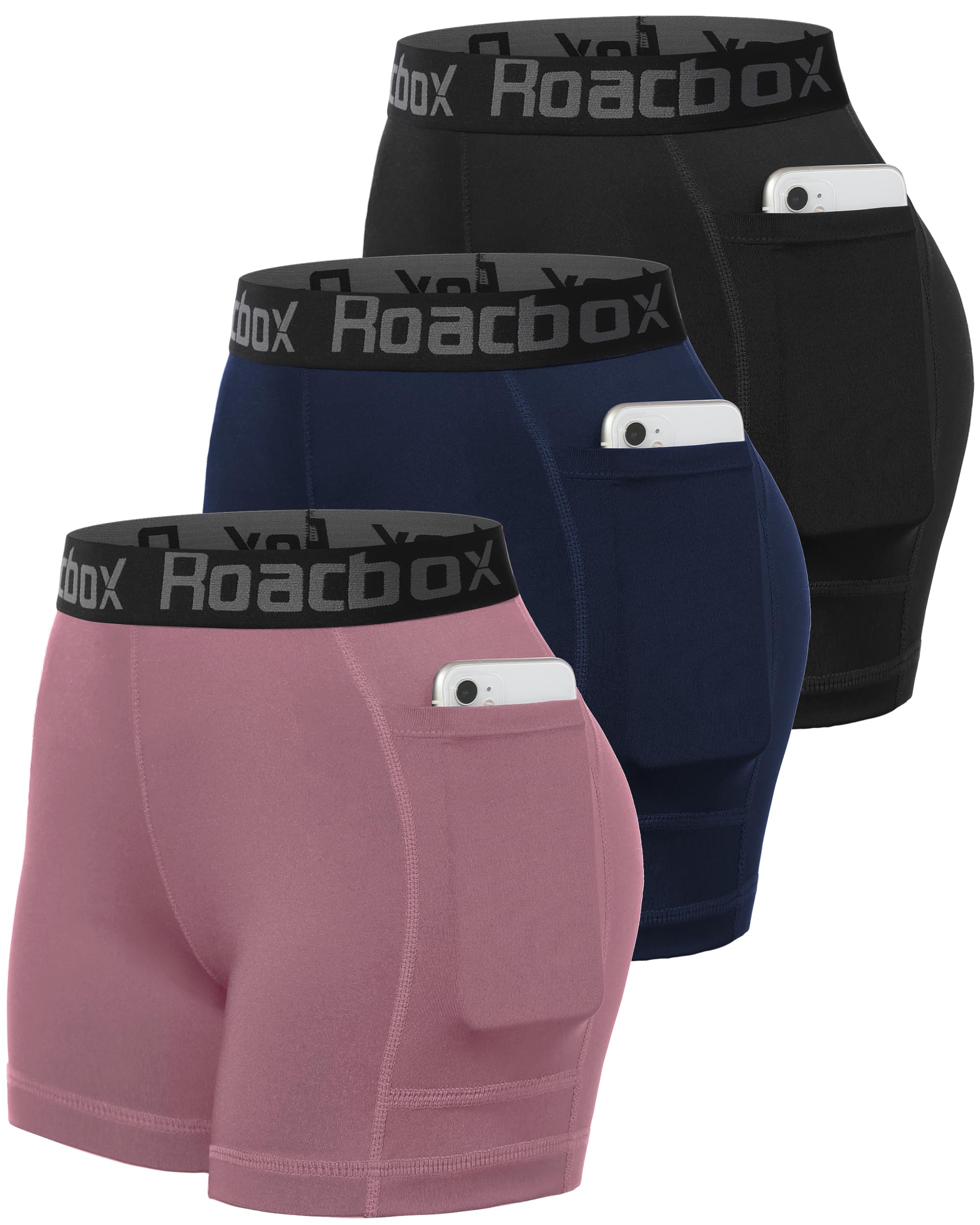 Roadbox 5'' Women's Volleyball Compression Shorts with Pockets - 3 Pack Spandex Workout Athletic Shorts for Running, Gym, Yoga | Perfect for Sports, Training & Active Lifestyle