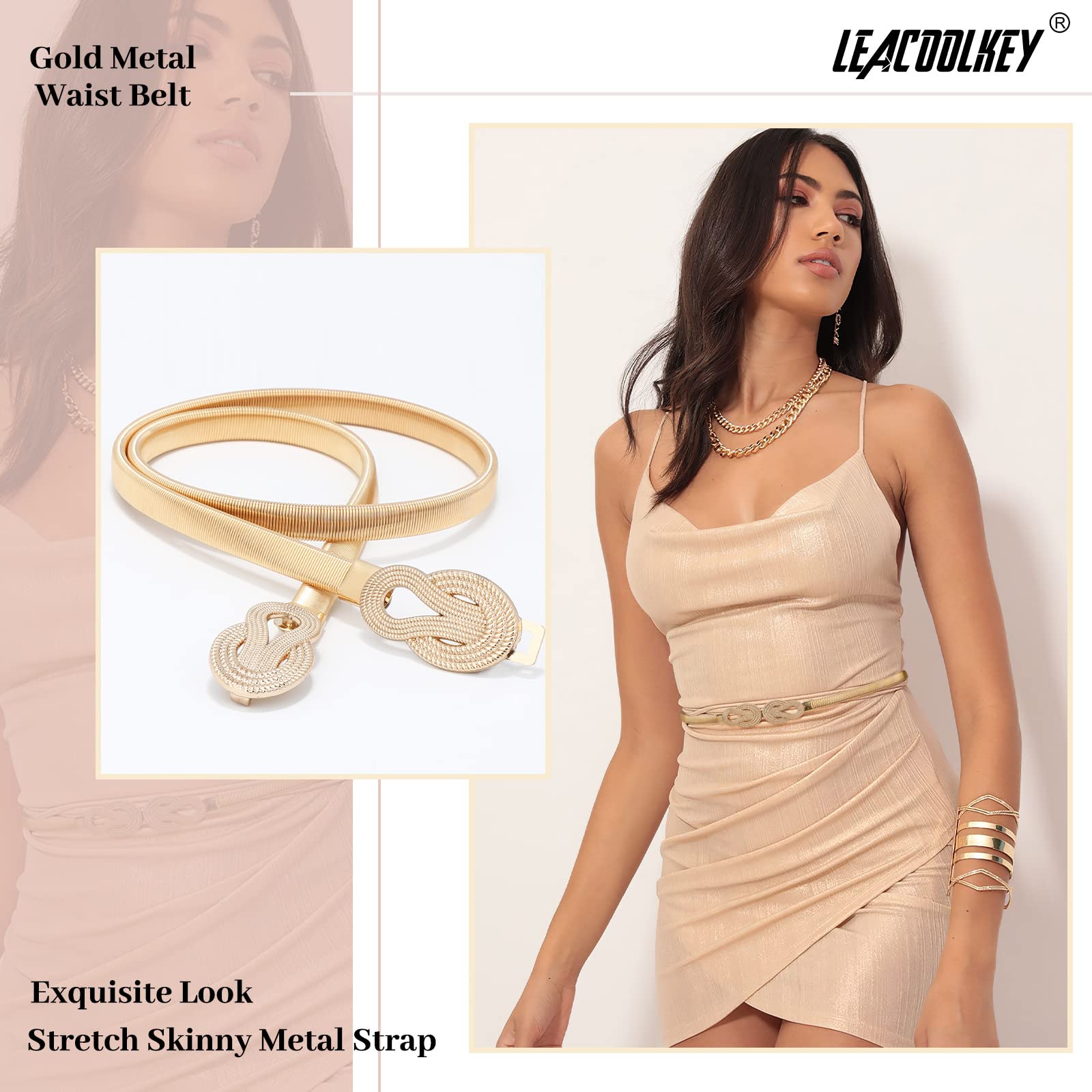 LEACOOLKEY Women's Gold Metal Skinny Belt - Stretch Elastic Thin Waist Belt for Dresses, Jeans & Skirts | Perfect for Formal Events, Office Wear & Evening Outfits