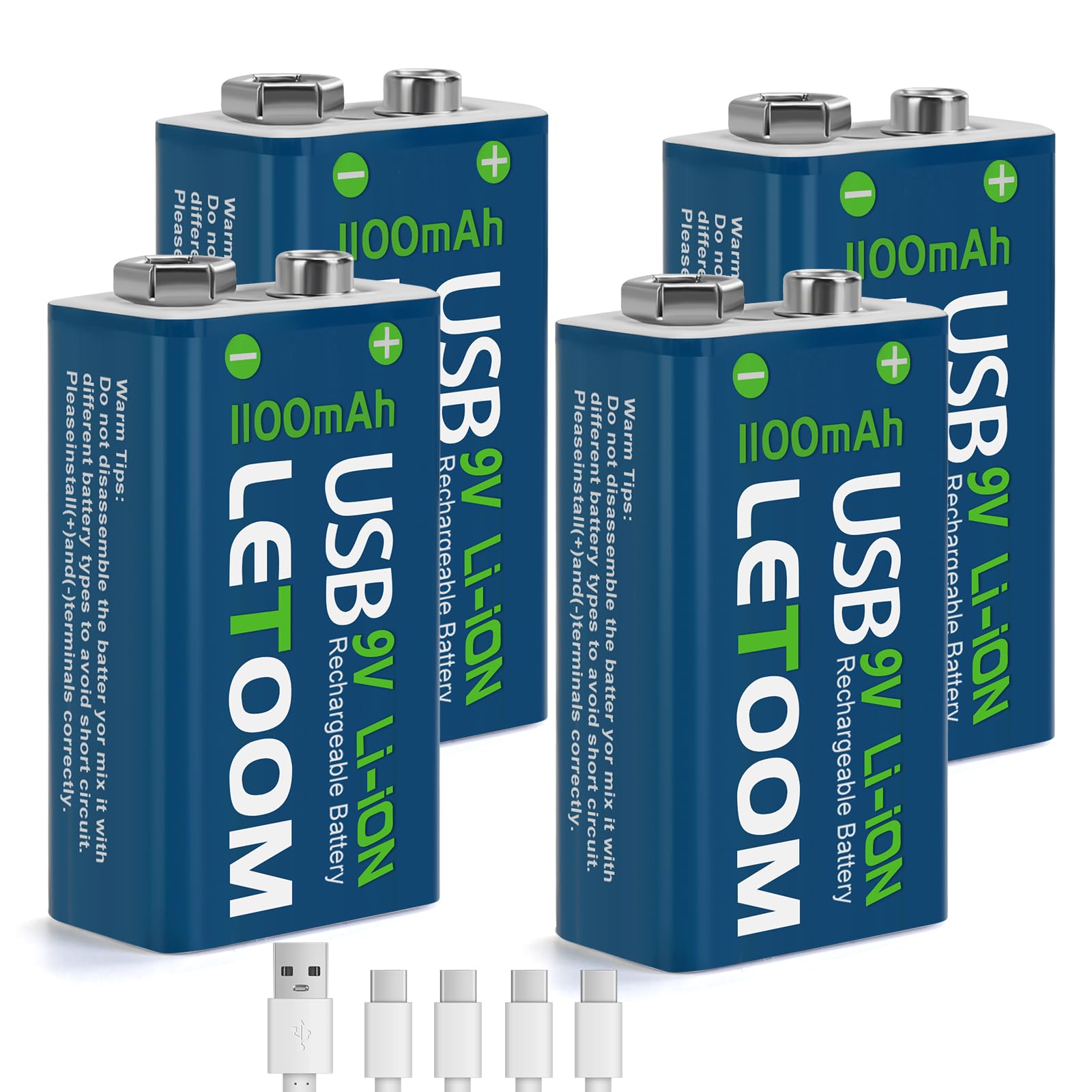 USB Rechargeable 9V Lithium Batteries 1000mAh - 4 Pack for Smoke Detectors, Carbon Monoxide Alarms, Guitar Pedals, Flashlights & Electronic Toys - Long Lasting Power for Home Safety & Portable Devices